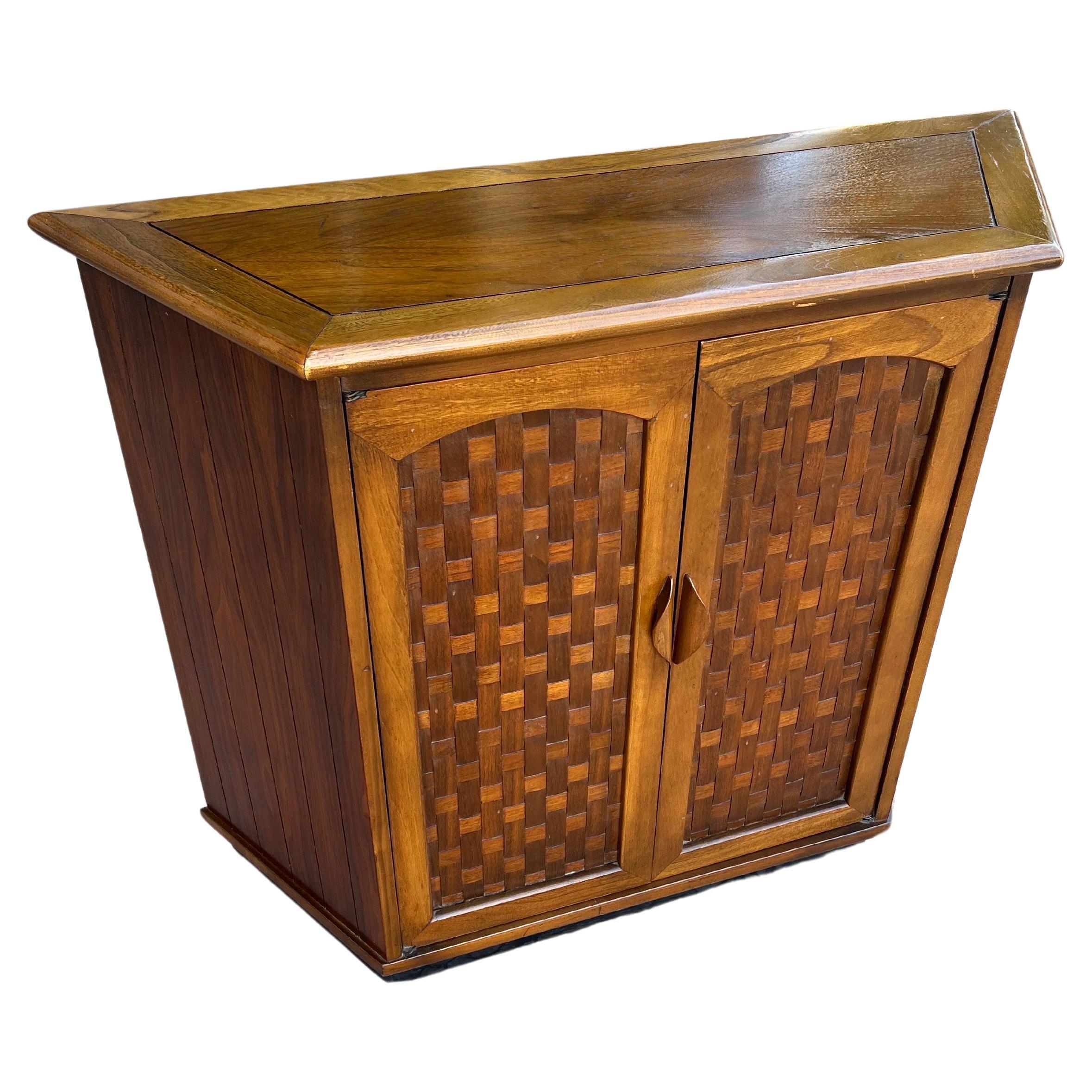20th Century American Mid Century Modern Walnut Small Entry Cabinet Basket Weave Front