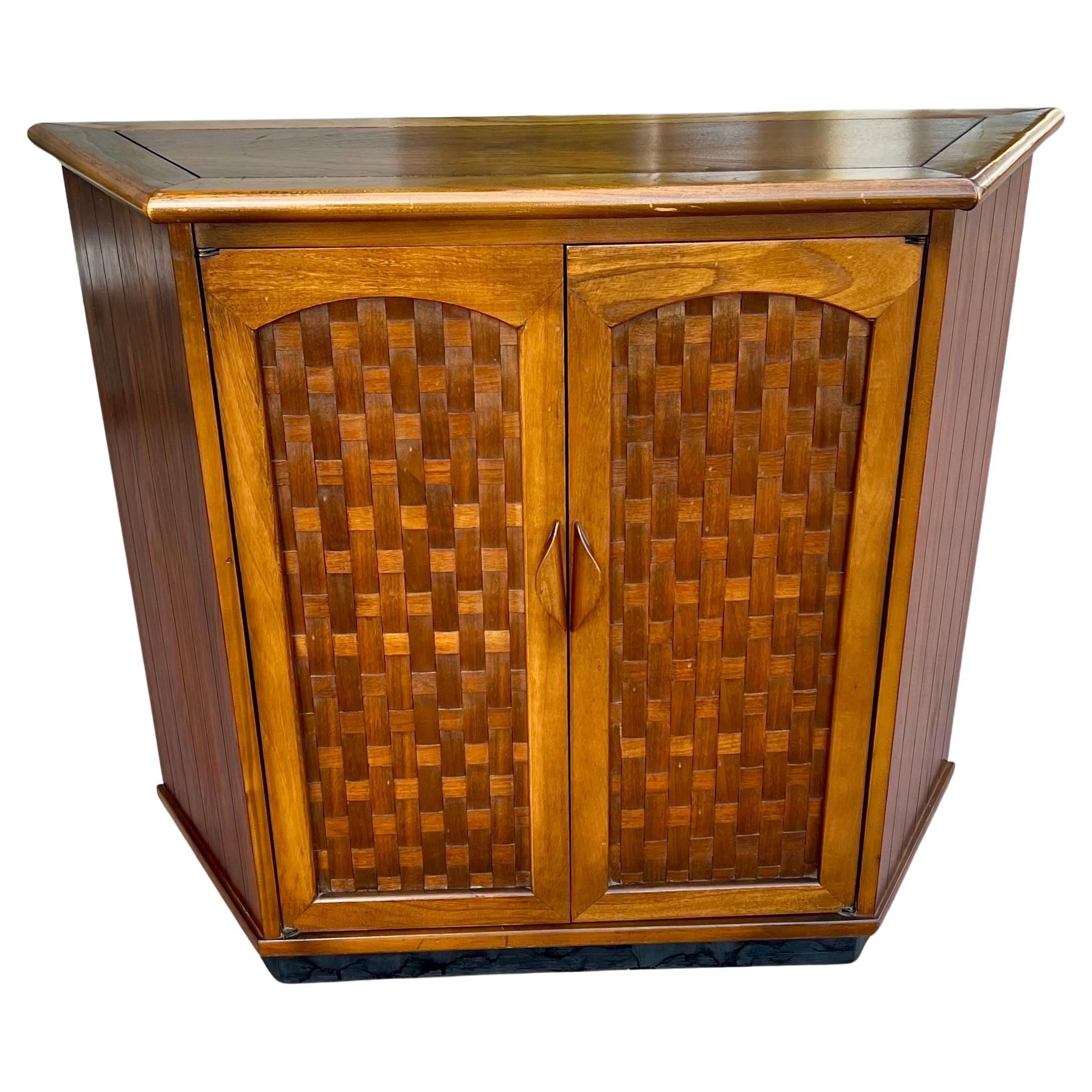 American Mid Century Modern Walnut Small Entry Cabinet Basket Weave Front