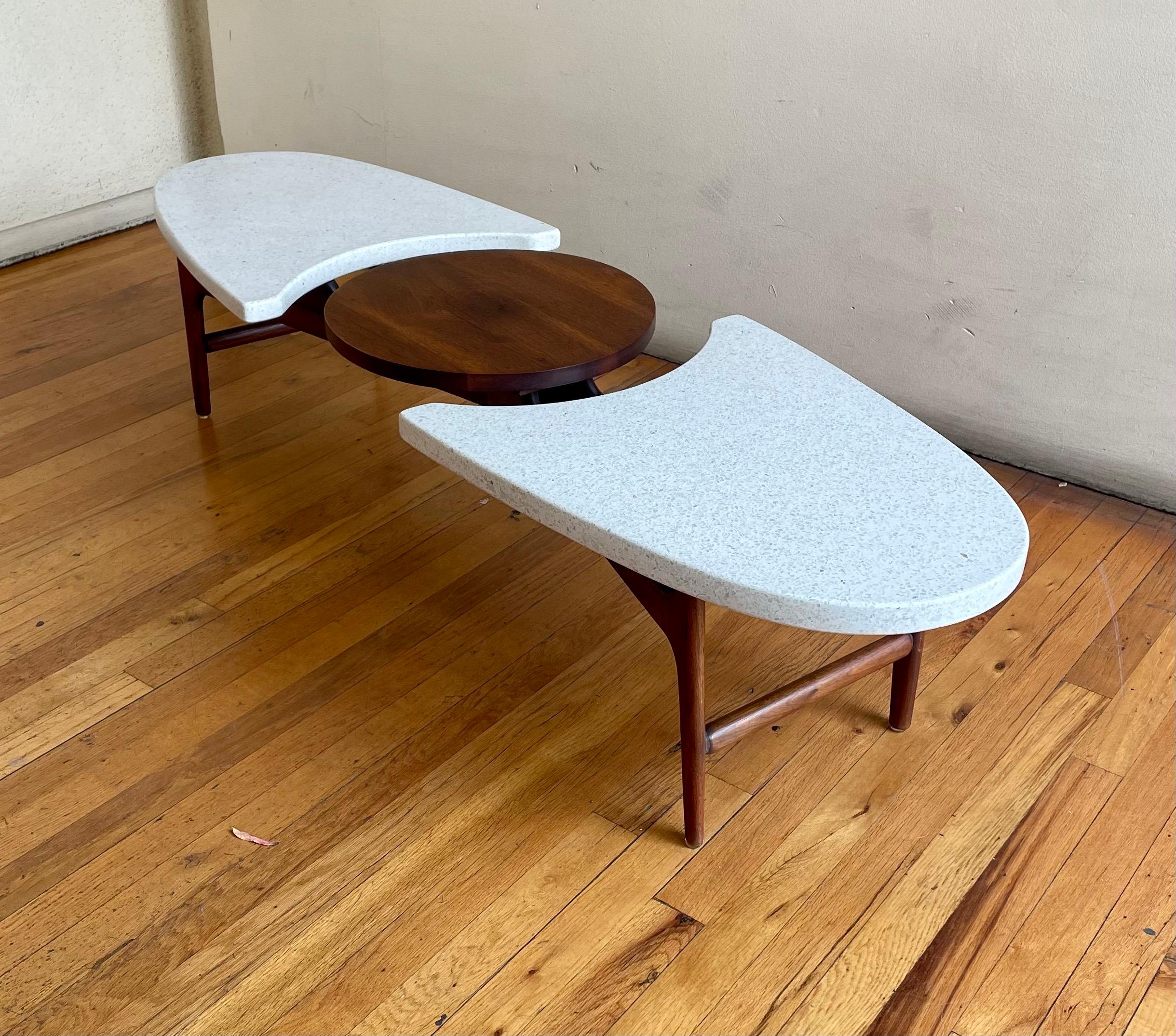 American Mid-Century Modern Atomic age striking coffee table, solid walnut frame with terrazzo tops, a beautiful piece unique solid and one of a kind table. In its original finish we have cleaned and oiled it.