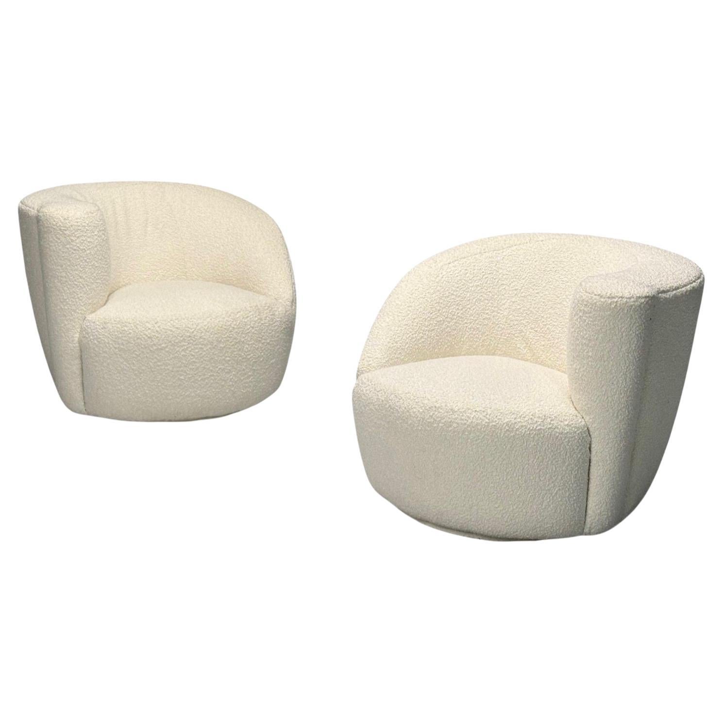 American Mid-Century Modern, White Bouclé, Nautilus Swivel Chairs, USA, 1970s For Sale