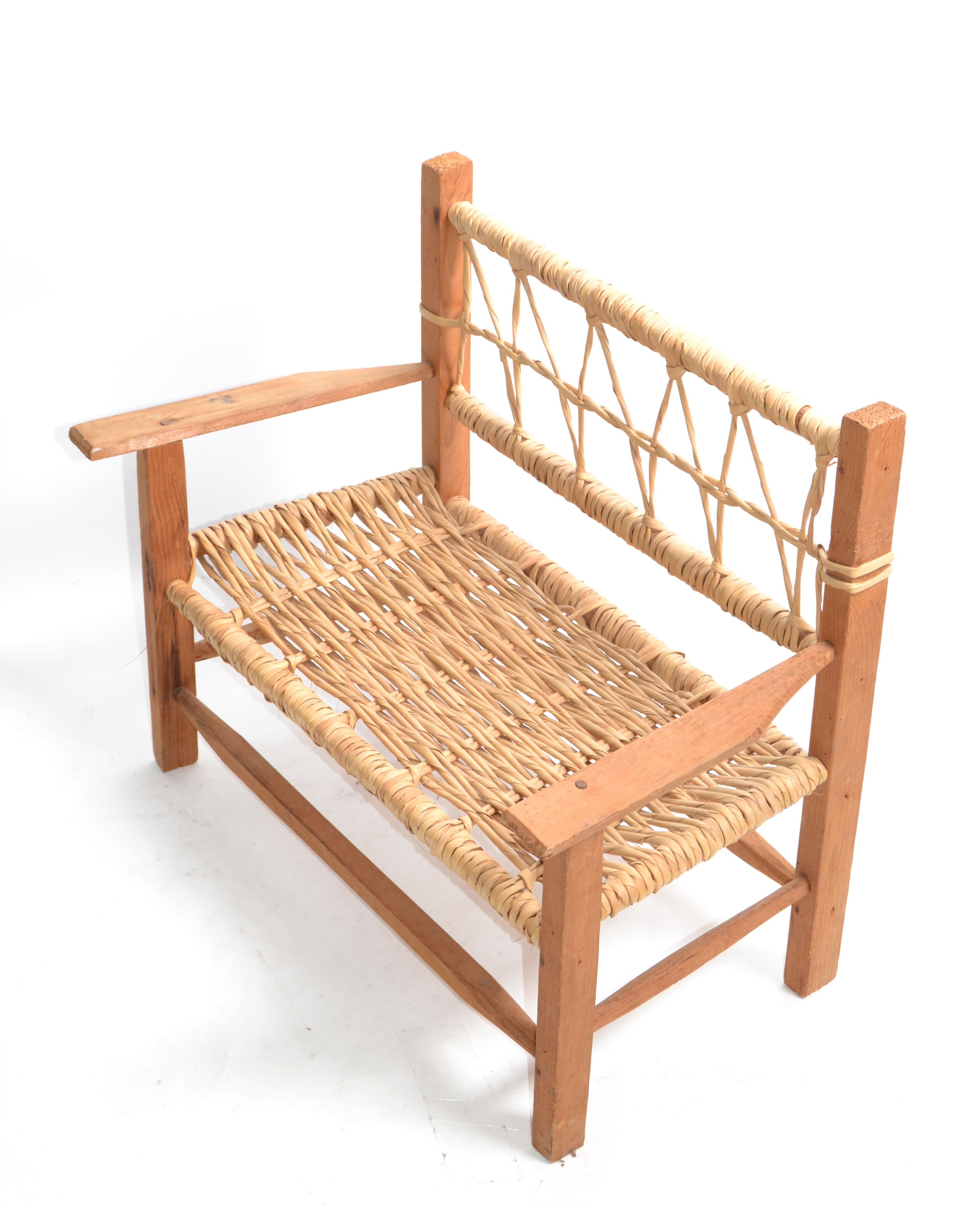 American Mid-Century Modern Woodworking & Cane Handwoven Doll, Teddy Bear Bench  For Sale 1