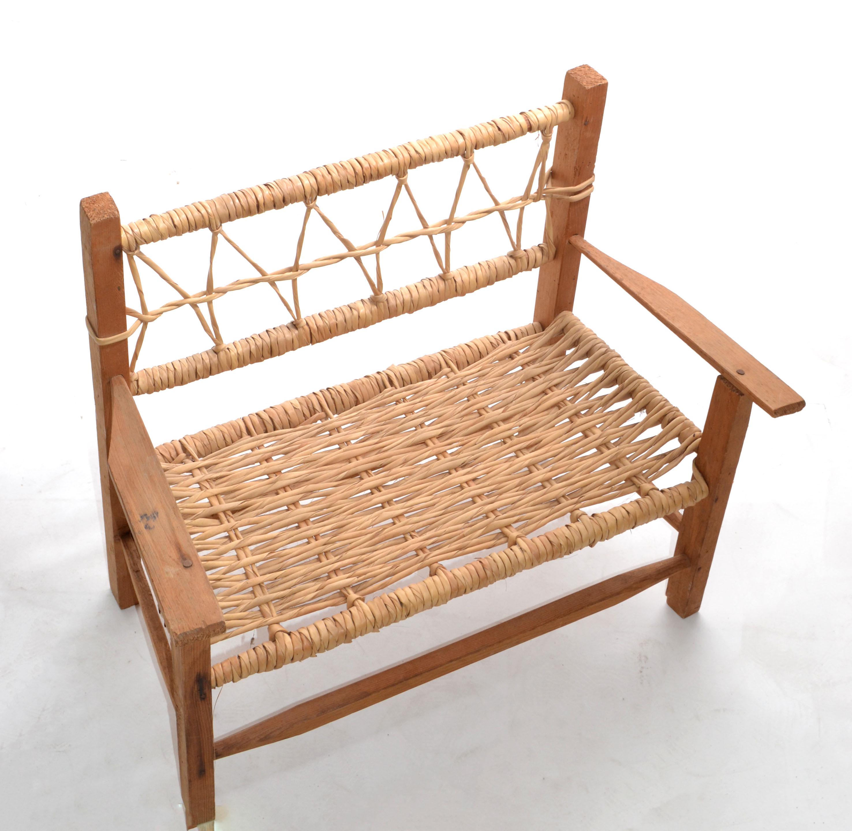 American Mid-Century Modern Woodworking & Cane Handwoven Doll, Teddy Bear Bench  For Sale 3