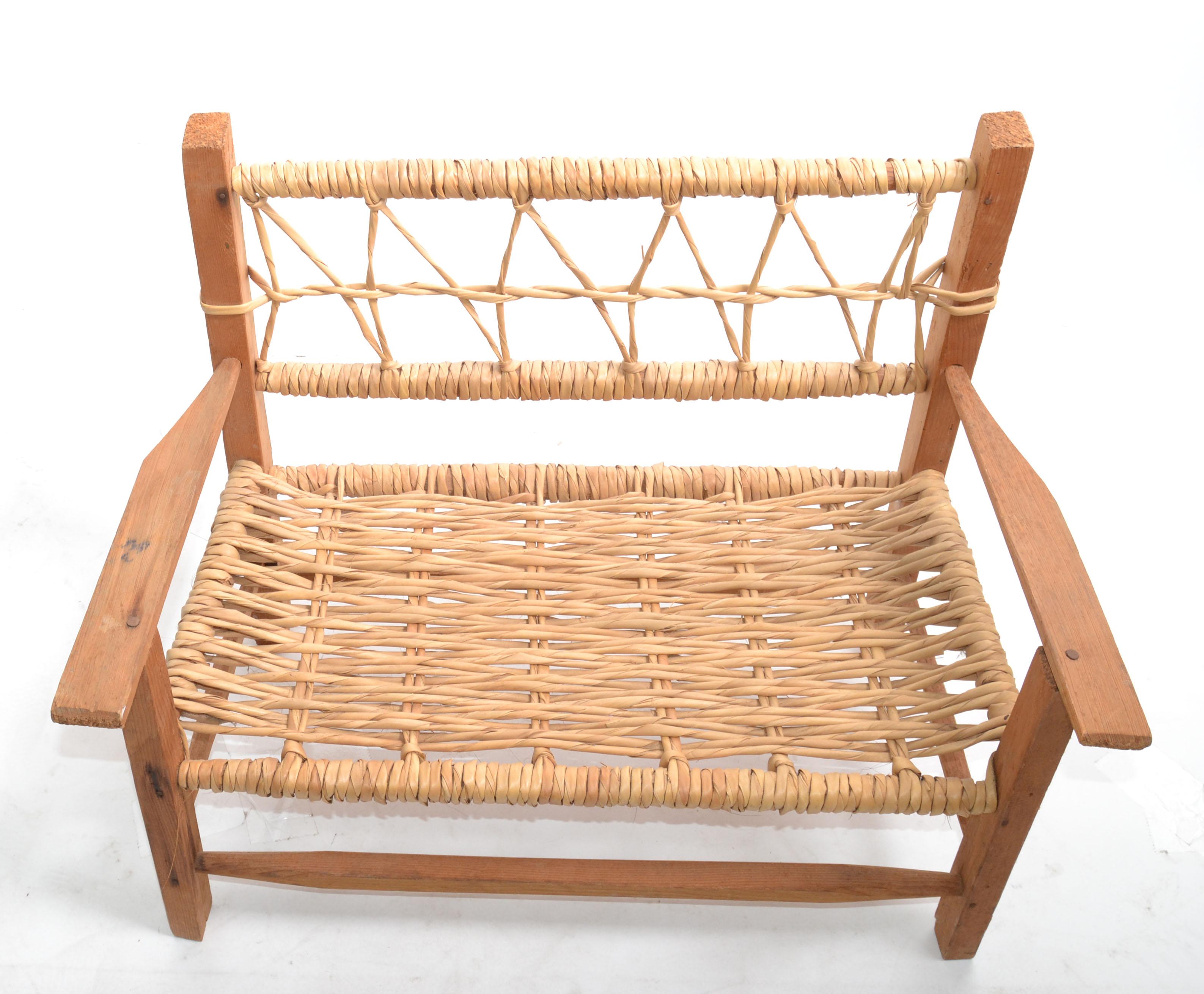 American Mid-Century Modern Woodworking & Cane Handwoven Doll, Teddy Bear Bench  For Sale 4