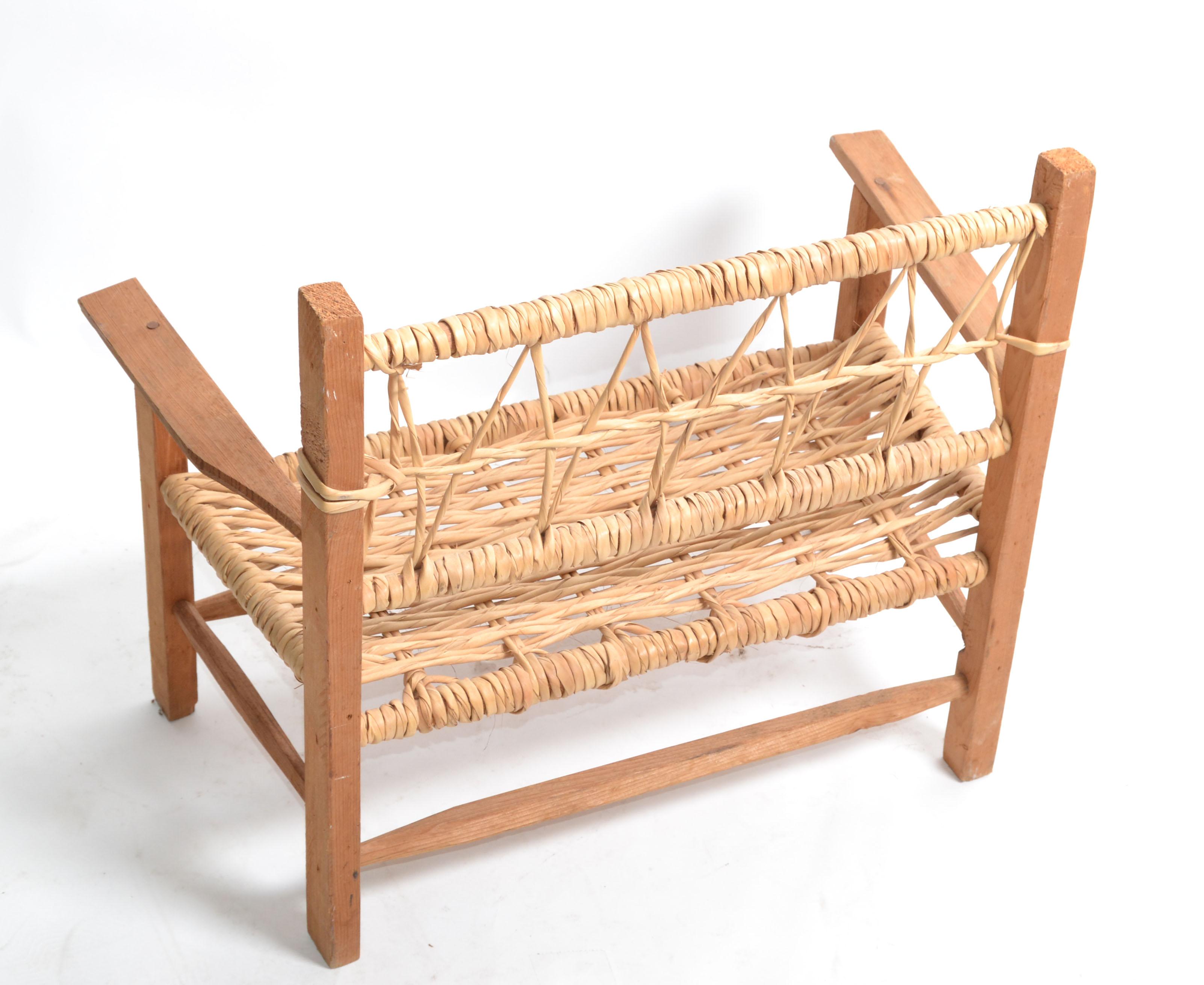 Rustic American Mid-Century Modern Woodworking & Cane Handwoven Doll, Teddy Bear Bench  For Sale
