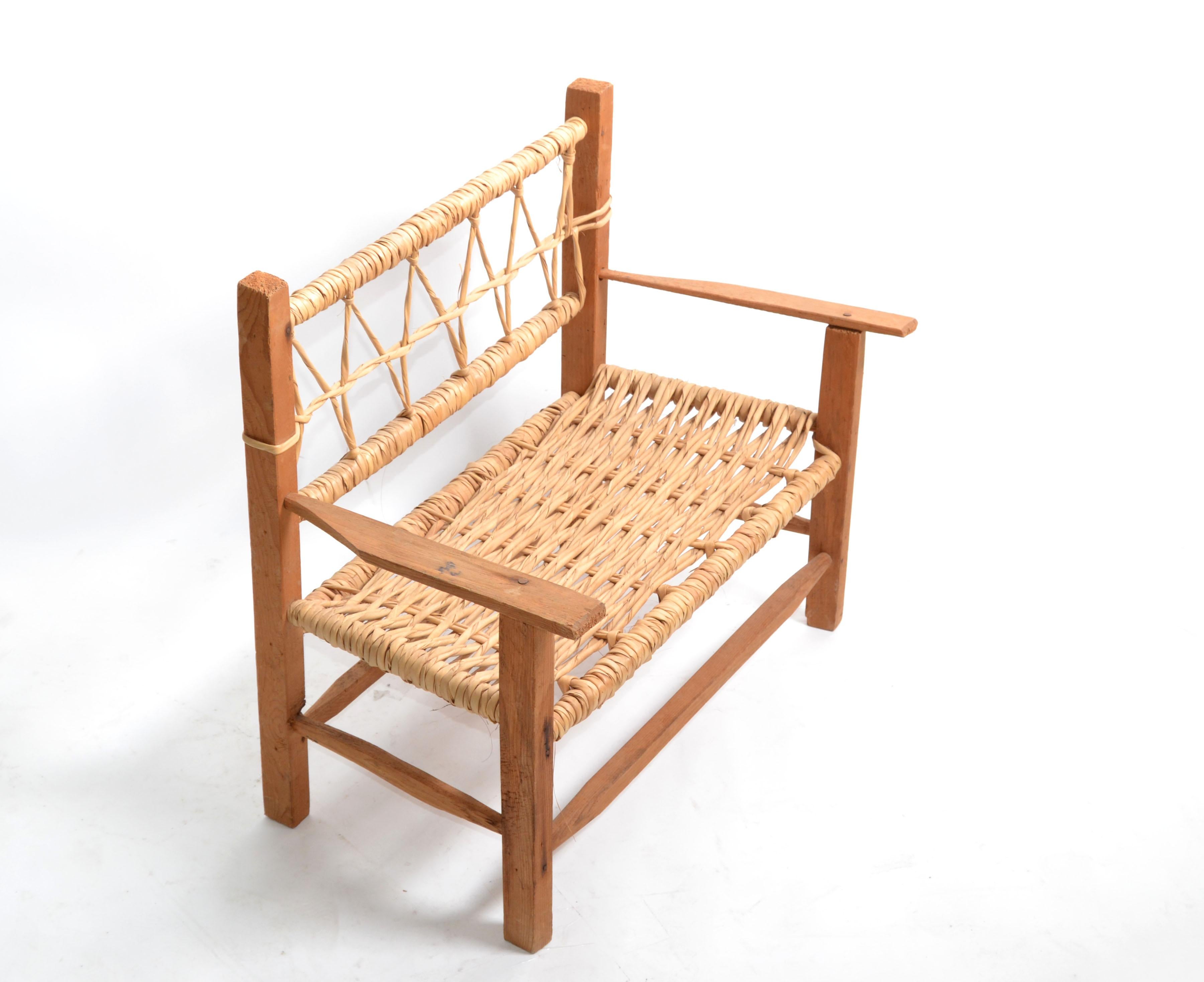 Hand-Crafted American Mid-Century Modern Woodworking & Cane Handwoven Doll, Teddy Bear Bench  For Sale