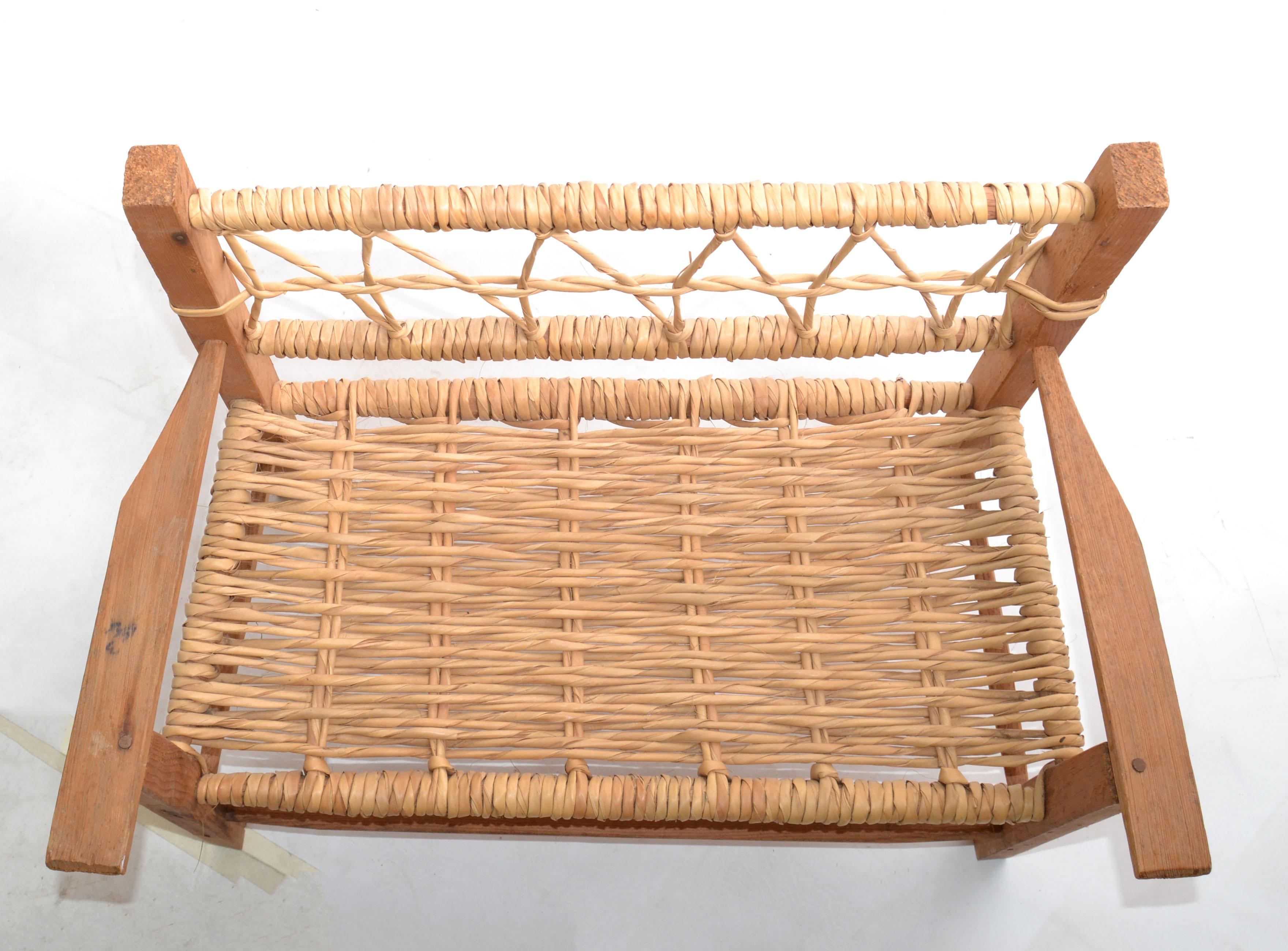 American Mid-Century Modern Woodworking & Cane Handwoven Doll, Teddy Bear Bench  In Good Condition For Sale In Miami, FL