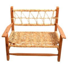 American Mid-Century Modern Woodworking & Cane Handwoven Doll, Teddy Bear Bench