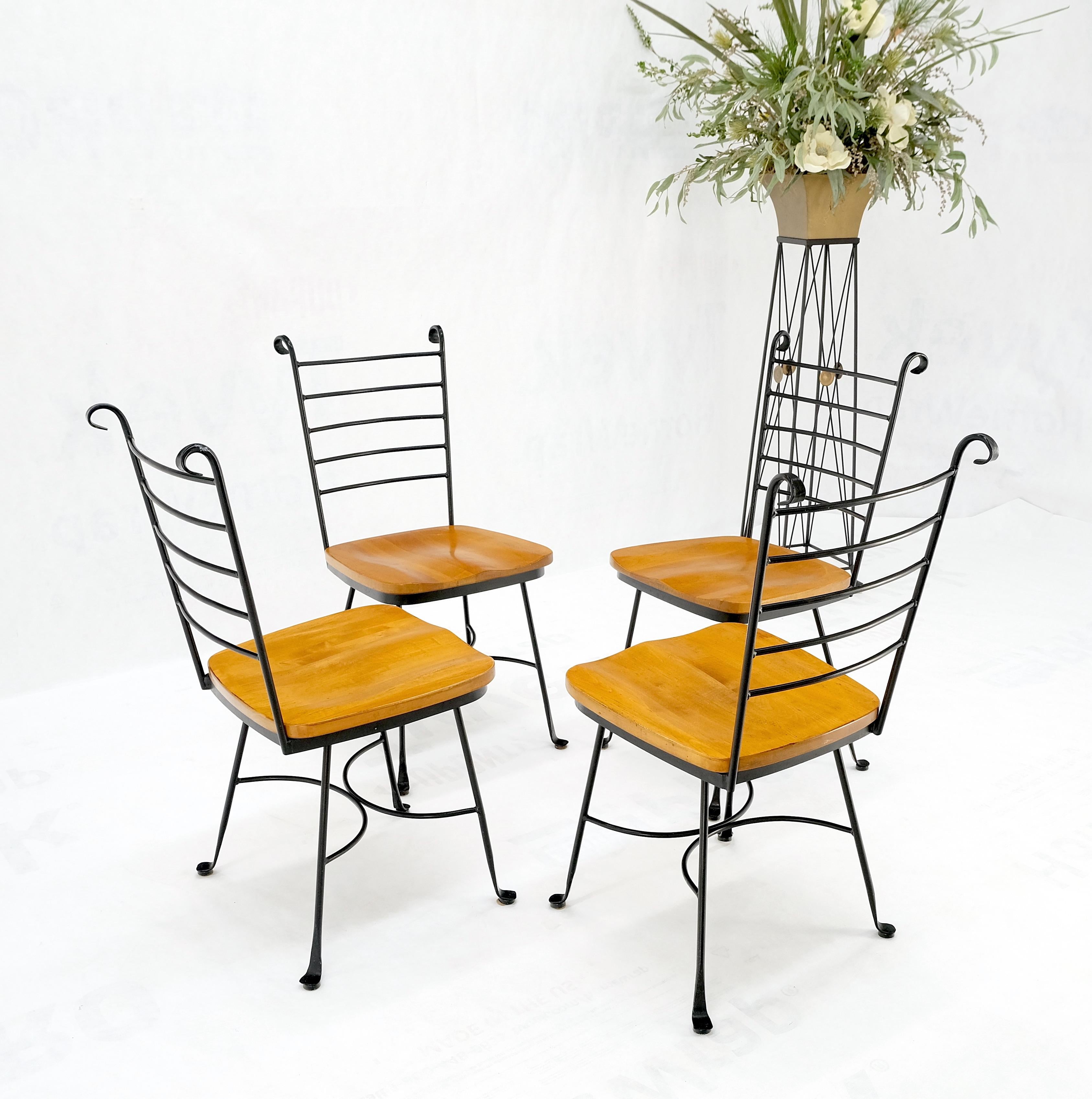 American Mid-Century Modern wrought iron & solid birch seats dining chairs mint!