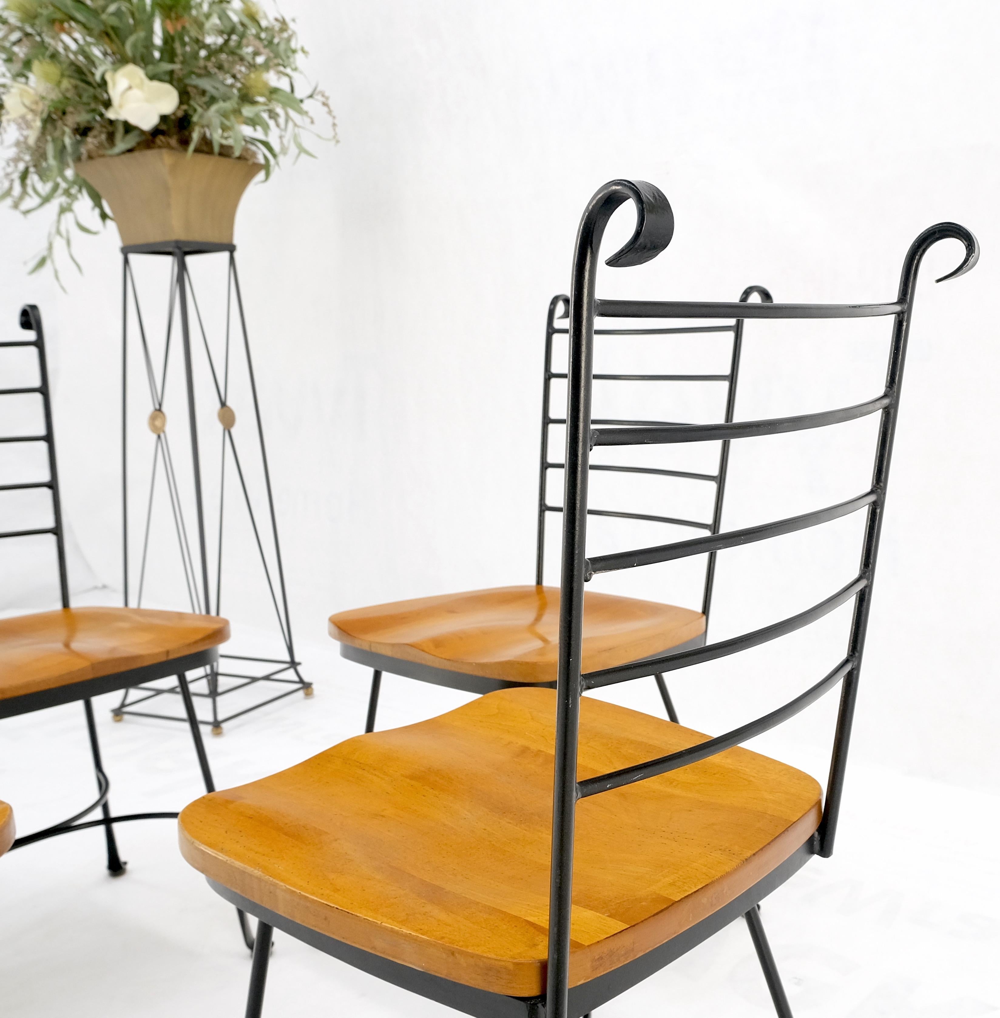 Lacquered American Mid-Century Modern Wrought Iron & Solid Birch Seats Dining Chairs Mint For Sale