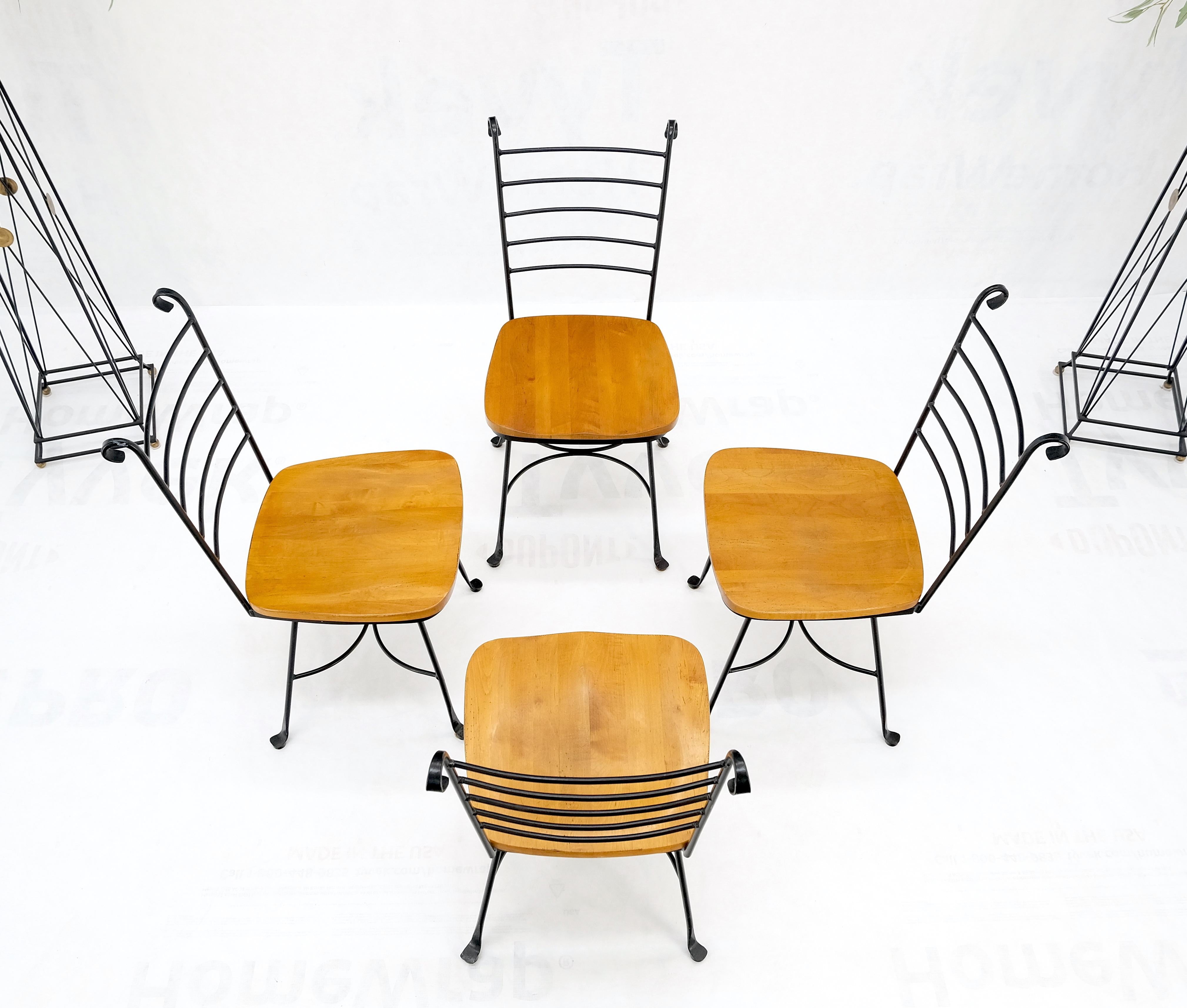 American Mid-Century Modern Wrought Iron & Solid Birch Seats Dining Chairs Mint In Good Condition For Sale In Rockaway, NJ