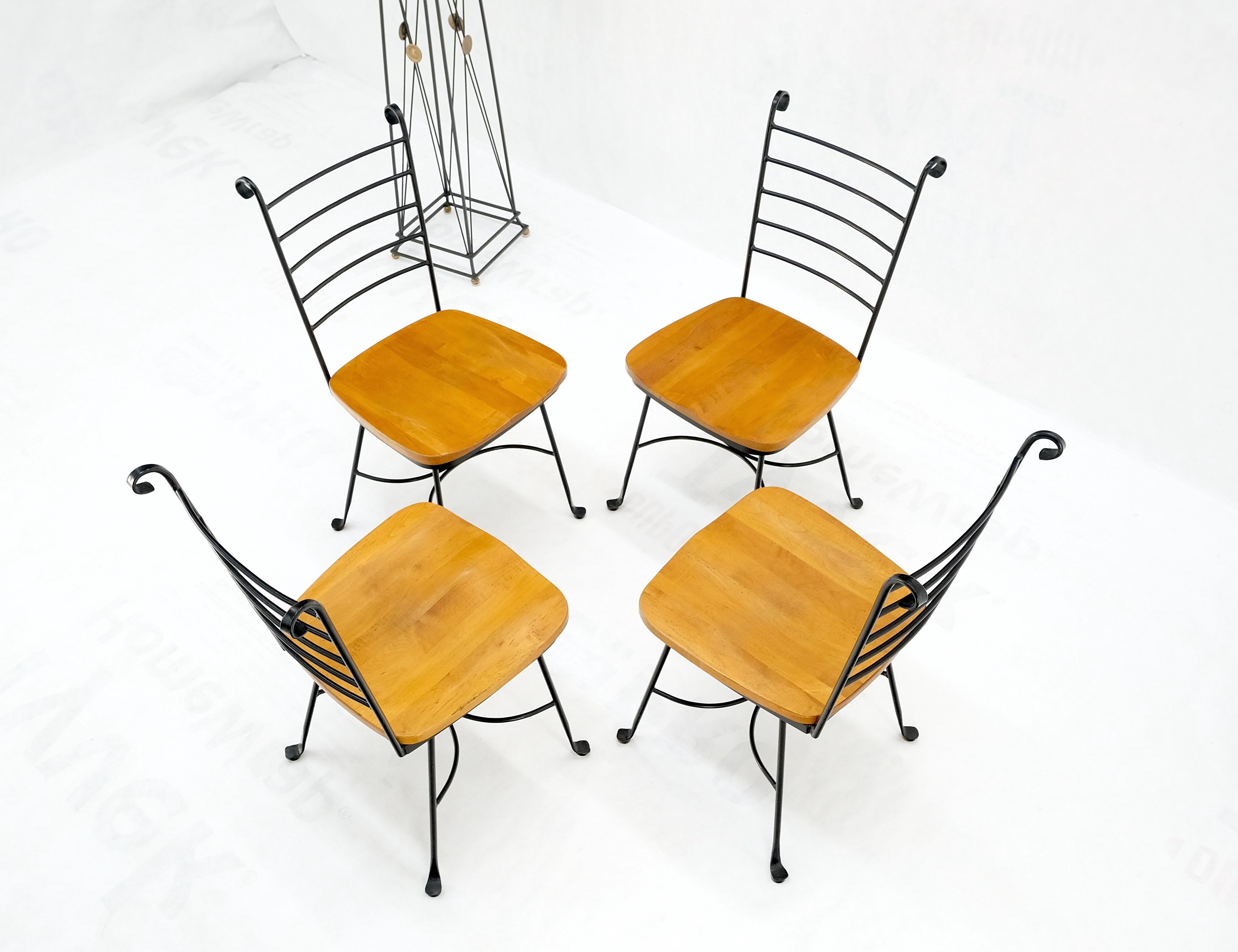 American Mid-Century Modern Wrought Iron & Solid Birch Seats Dining Chairs Mint For Sale 2