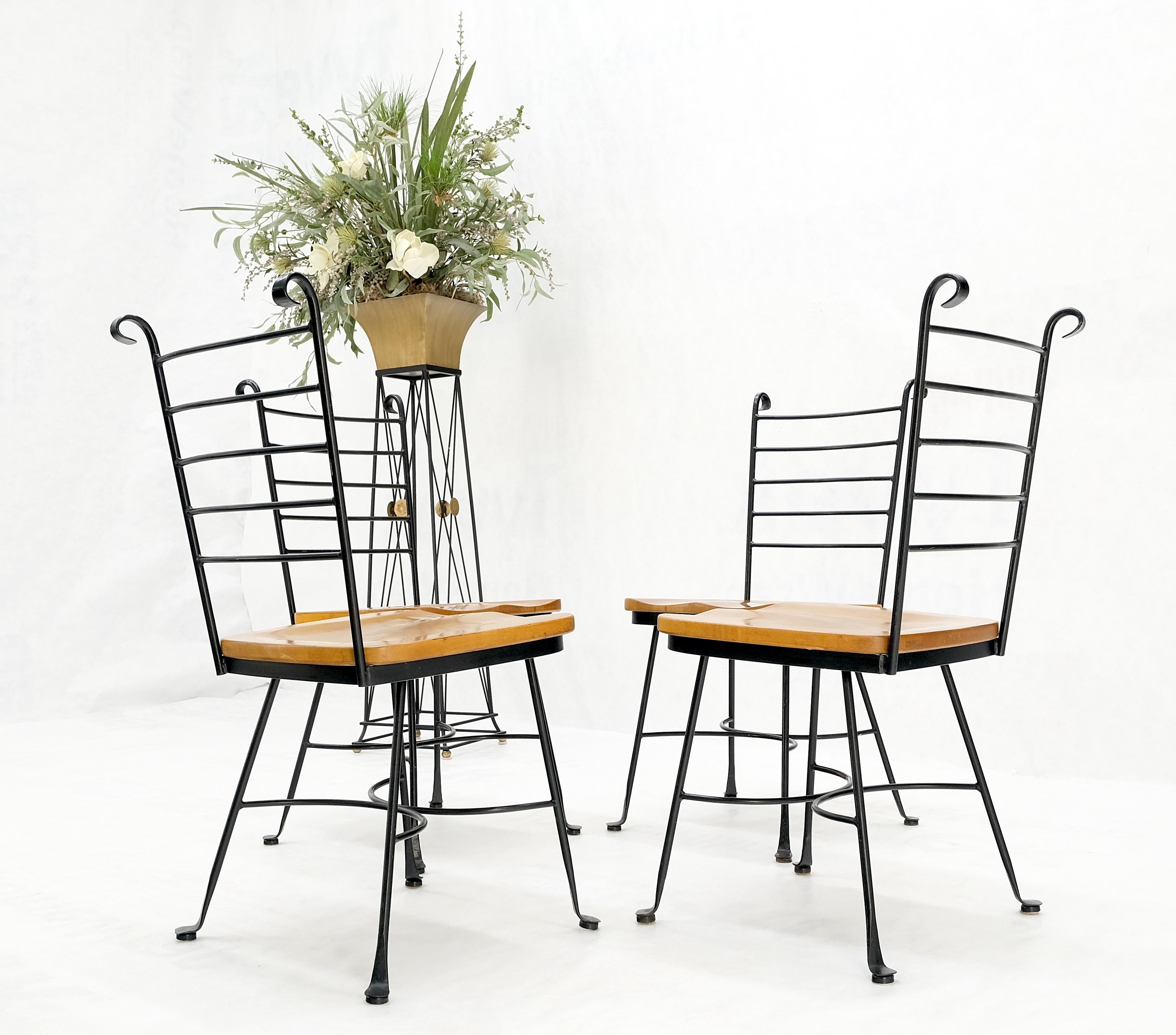 American Mid-Century Modern Wrought Iron & Solid Birch Seats Dining Chairs Mint For Sale 4