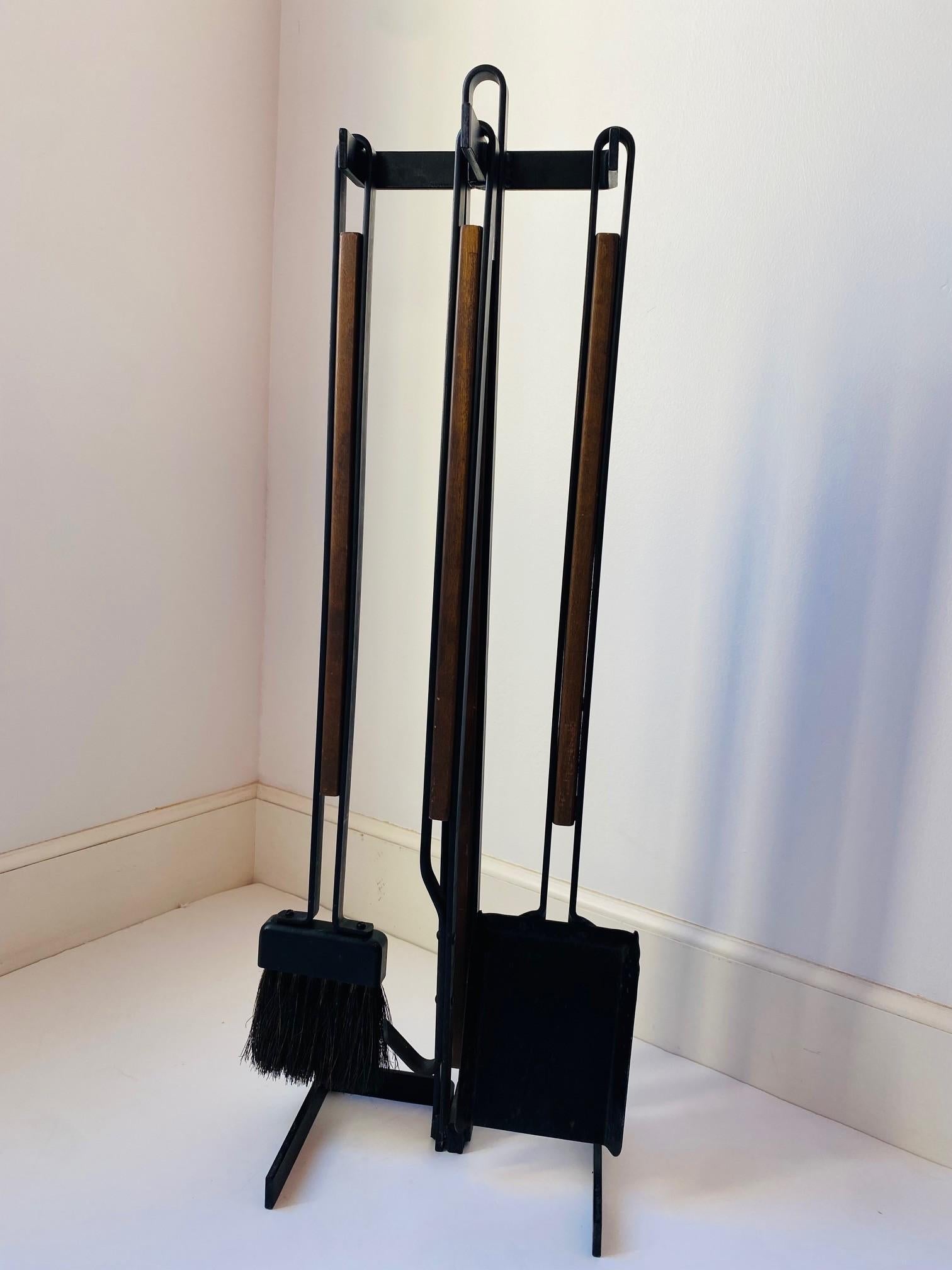 Mid-Century Modern American Mid Century Modernist Iron & Walnut Firetools Set For Sale