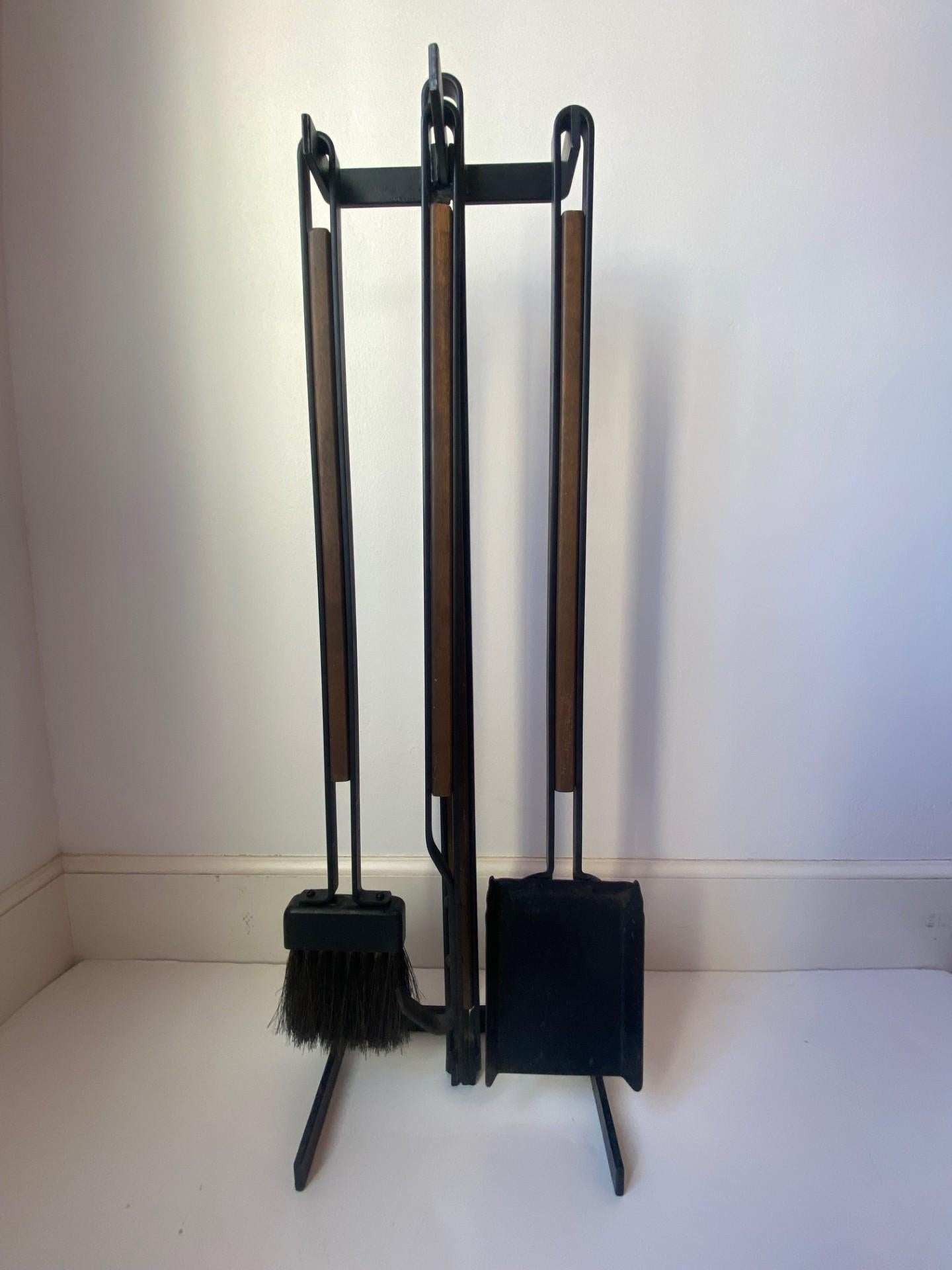 20th Century American Mid Century Modernist Iron & Walnut Firetools Set For Sale