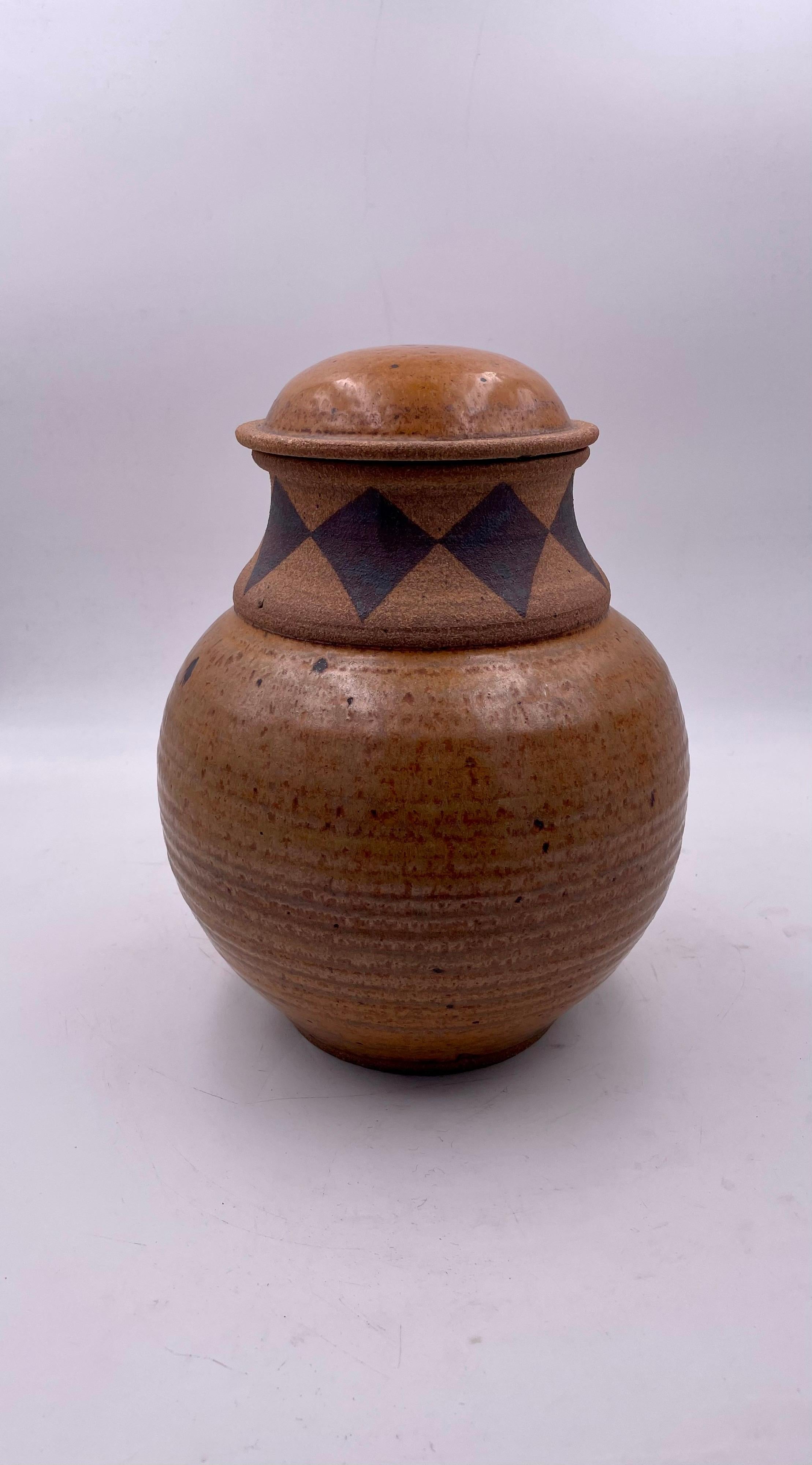 Beautiful hand-thrown ceramic jar with lid signed and dated by Joshua Mare I belive he is An Arizona artist, excellent condition no chips or cracks.