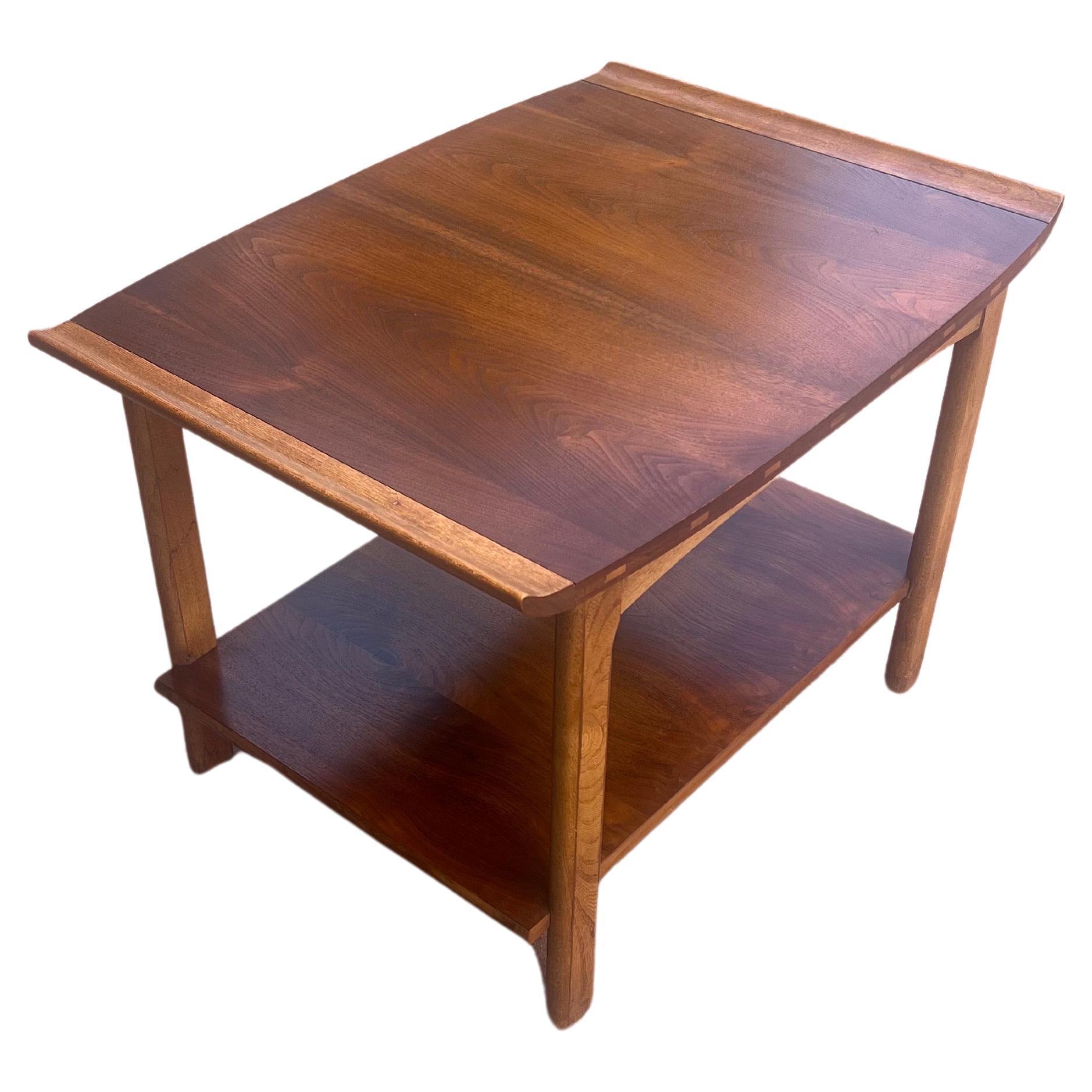 American Mid Century Pagoda Style walnut & Ash End Cocktail Table , circa 1960's original finish and patina beautiful side detail nice construction design very rare to find stamped with burned mark , lower shelf for magazines.