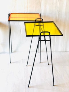 American Midcentury Pair of Side Patio Tables in Iron and Acrylic Atomic Age
