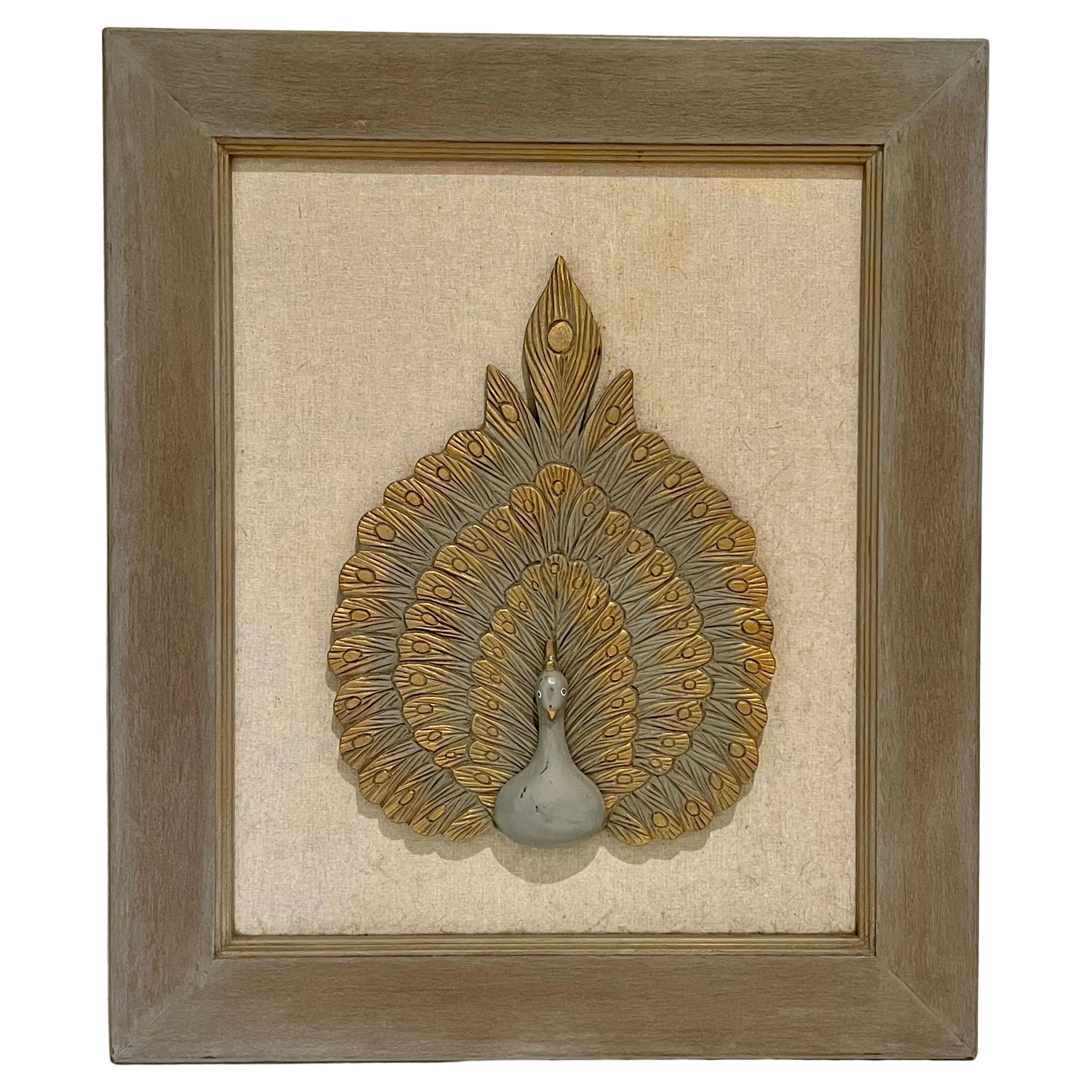 American Mid Century Peacock Wood Carved Framed Wall Relief Sculpture For Sale