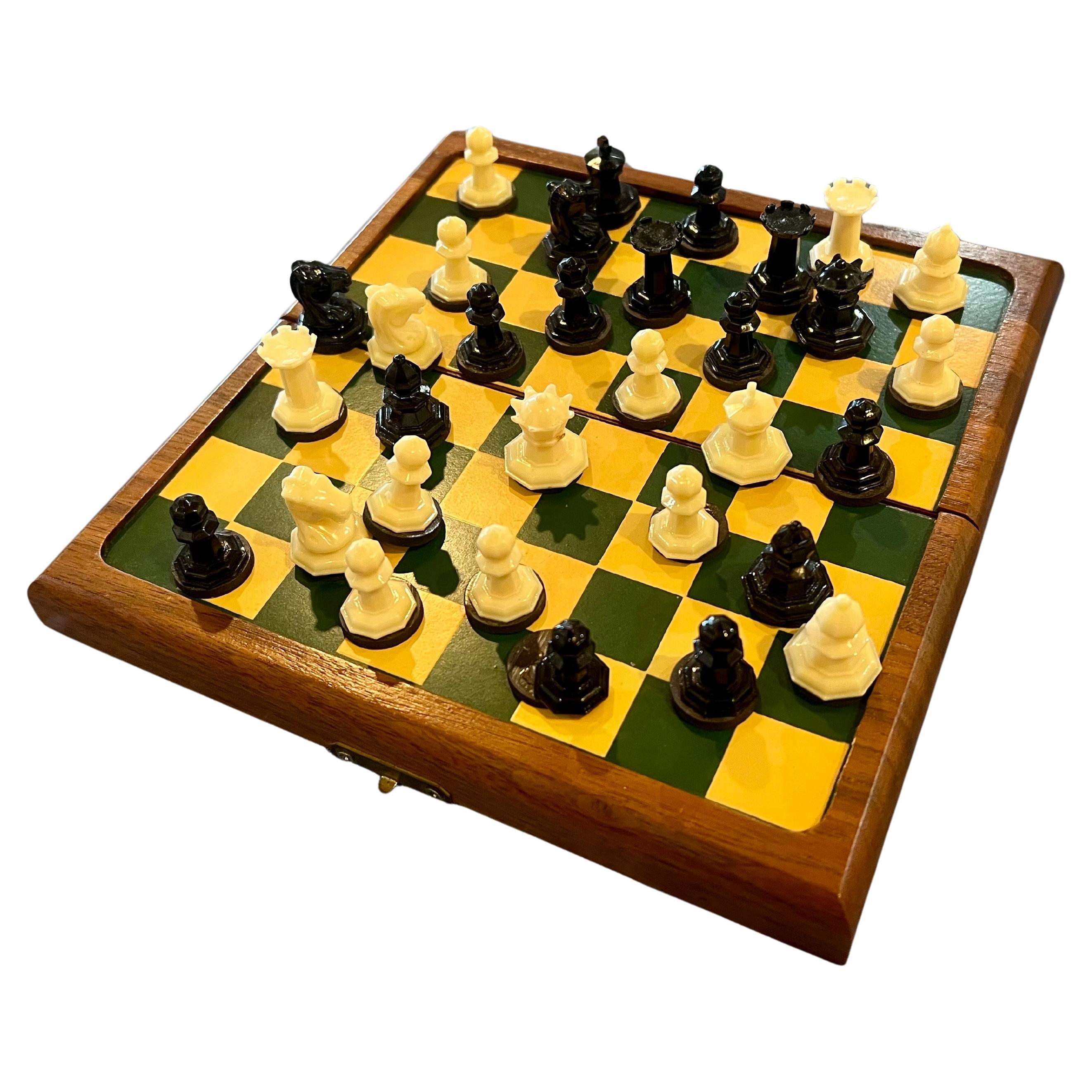 American Mid Century Petite Portable Magnetic Chess Set Metal & Walnut
