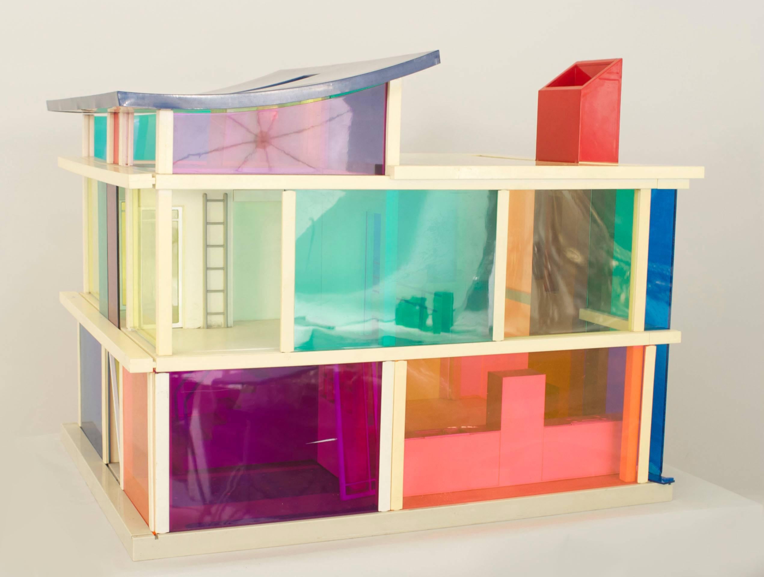 American midcentury plastic multicolored scale architectural model of a two story modern home (1960s).