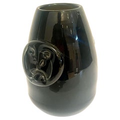 American Mid Century rare Mouth blown Black & Clear Glass Vase with FaceAccents