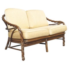 American Mid-Century Rattan and Beige Fabric Sofa by McGuire Company, 1970s