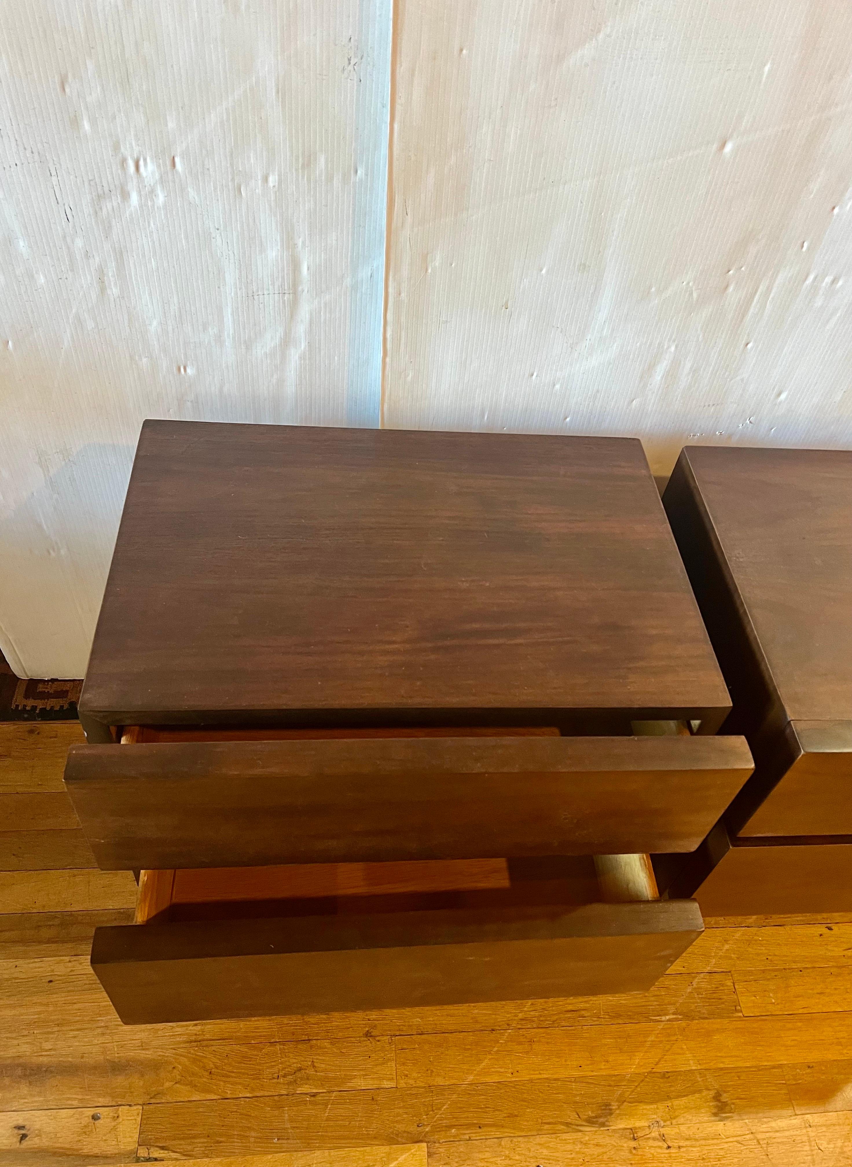 American Mid-Century Restored Walnut Block Front Two Drawers Night Stands For Sale 1