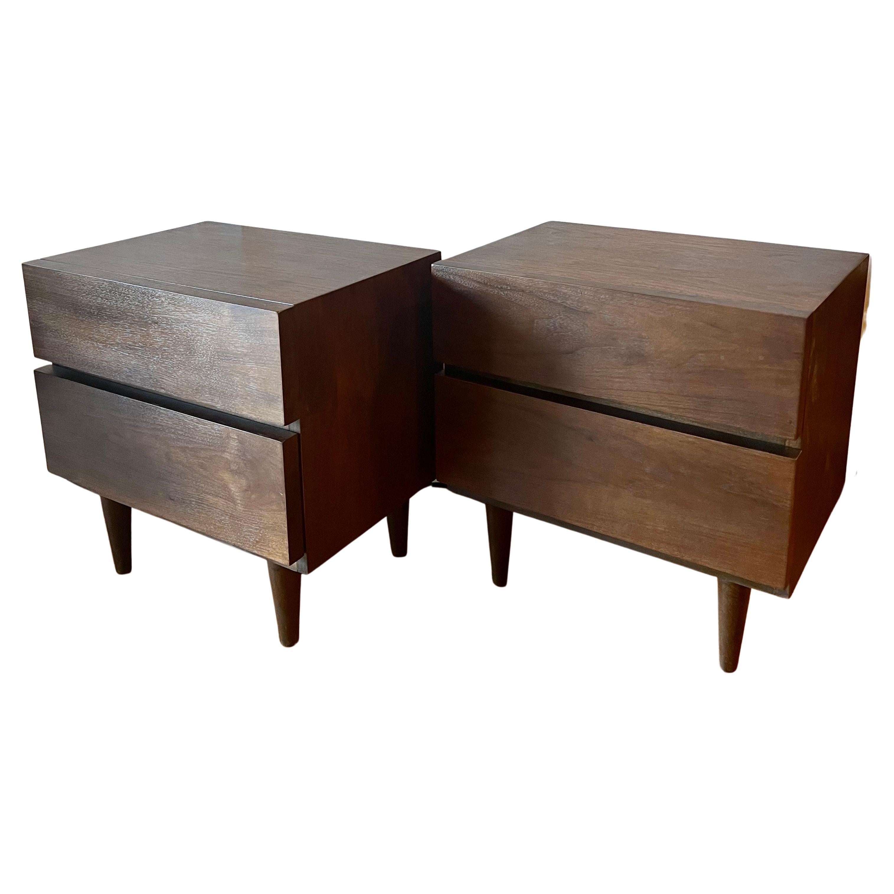 American Mid-Century Restored Walnut Block Front Two Drawers Night Stands For Sale