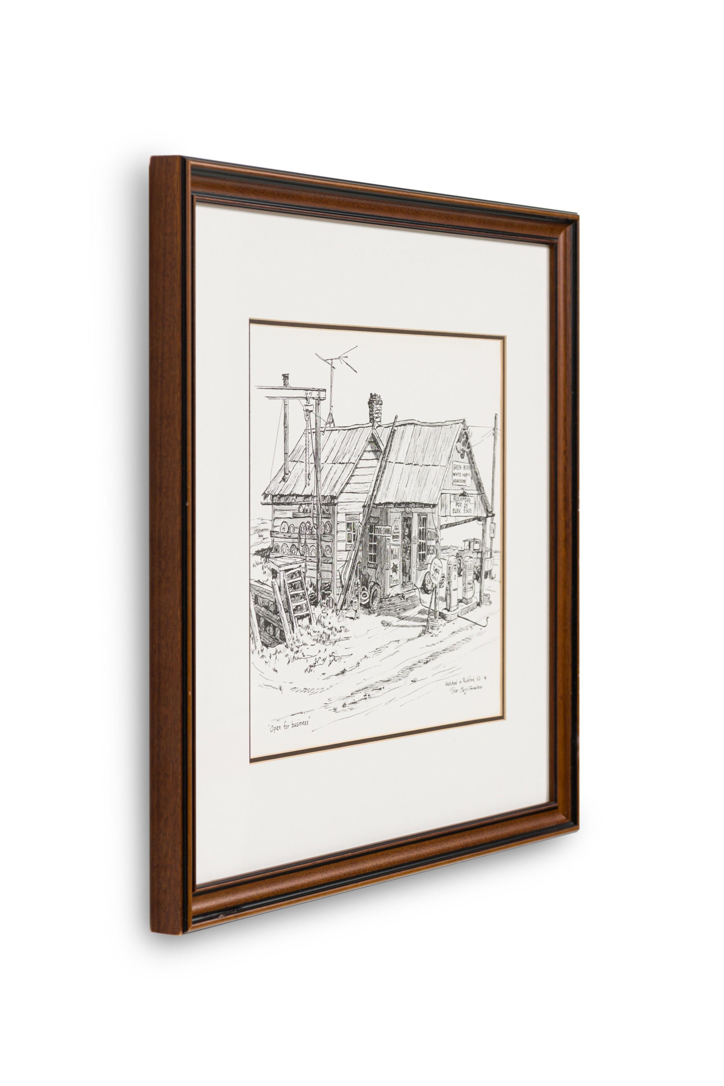 Vintage American mahogany framed Pen and Ink Sketched Genre Scene of a Rockford, SD Gas Station Store Front titled : \