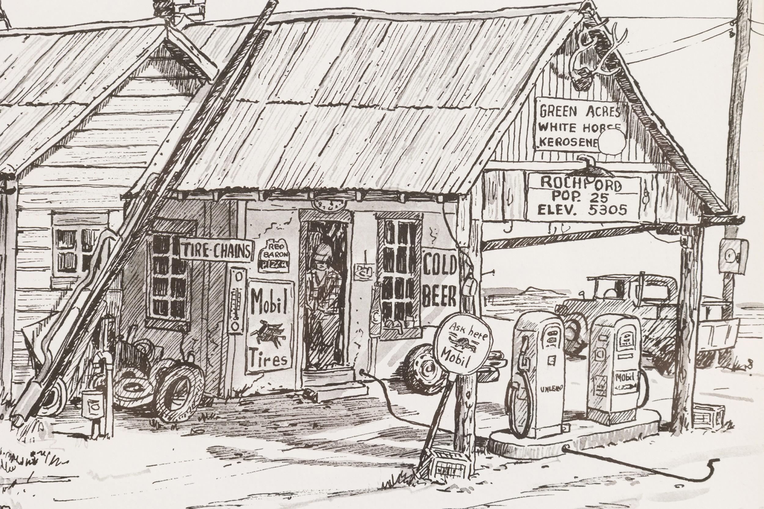 Américain Scène de genre esquissée américaine du milieu du siècle représentant la devanture d'une station-service en vente