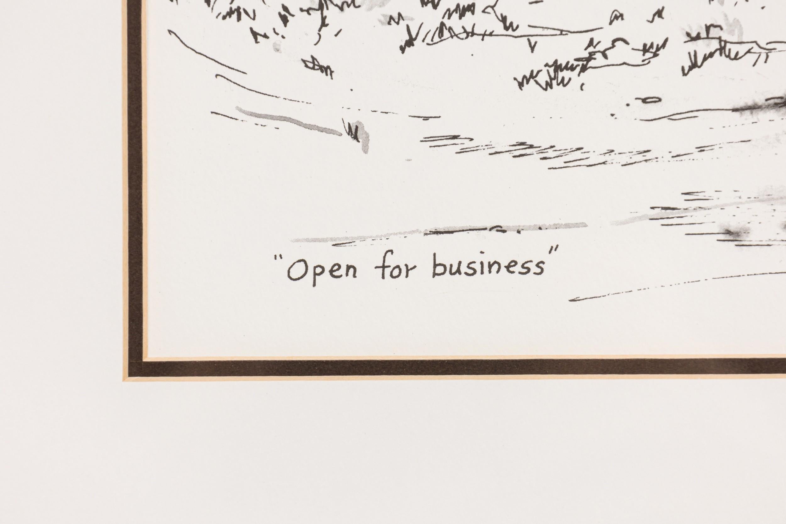 Buriné Scène de genre esquissée américaine du milieu du siècle représentant la devanture d'une station-service en vente