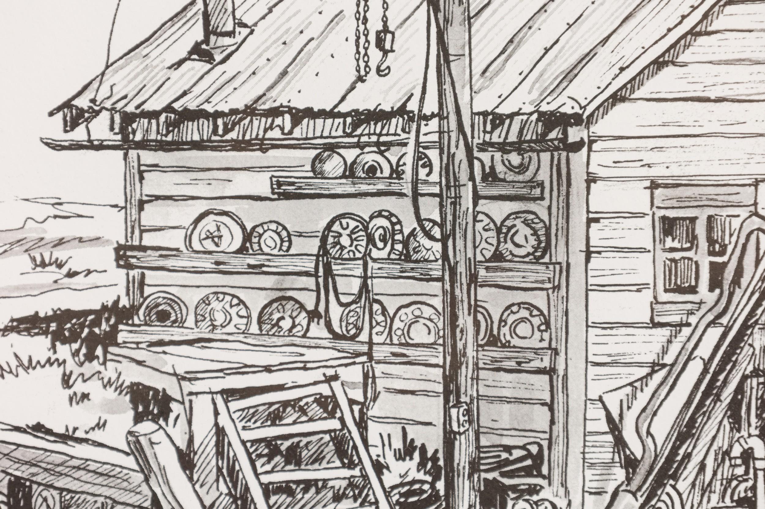 20ième siècle Scène de genre esquissée américaine du milieu du siècle représentant la devanture d'une station-service en vente