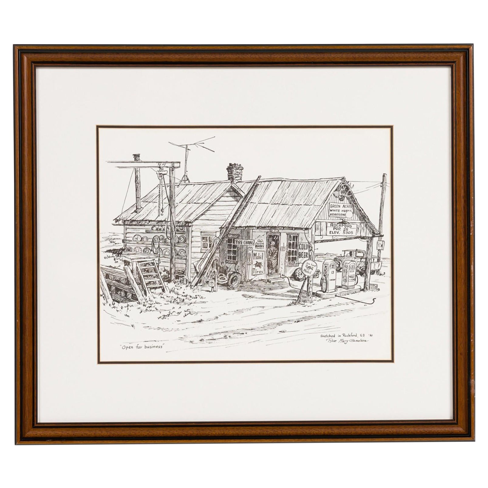 Scène de genre esquissée américaine du milieu du siècle représentant la devanture d
une station-service