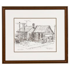 Scène de genre esquissée américaine du milieu du siècle représentant la devanture d
une station-service