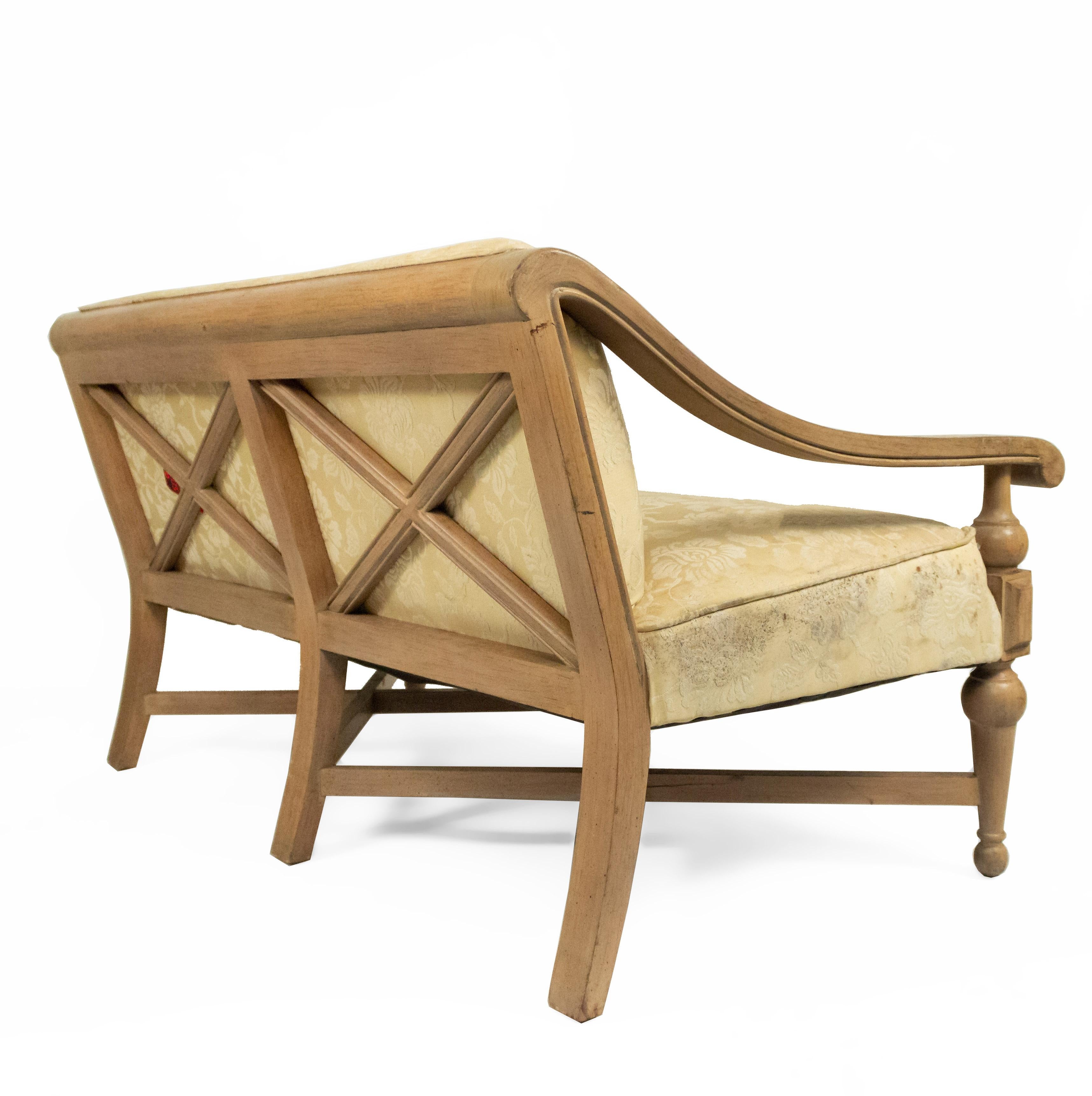 Carved American Mid-Century Sycamore Upholstered Settee For Sale