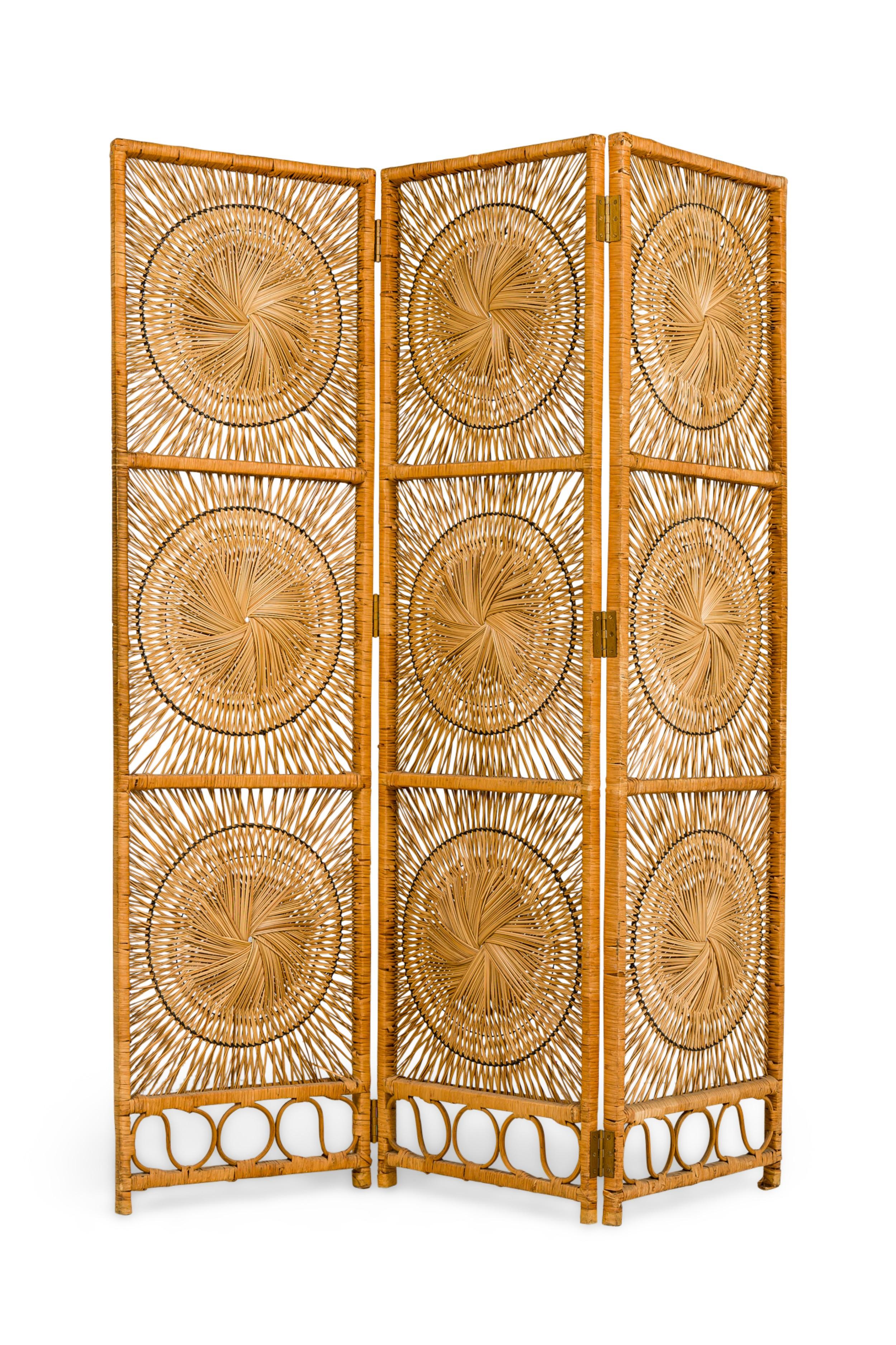 American Mid-Century Tri-Fold Rattan Room Dividers / Screens For Sale