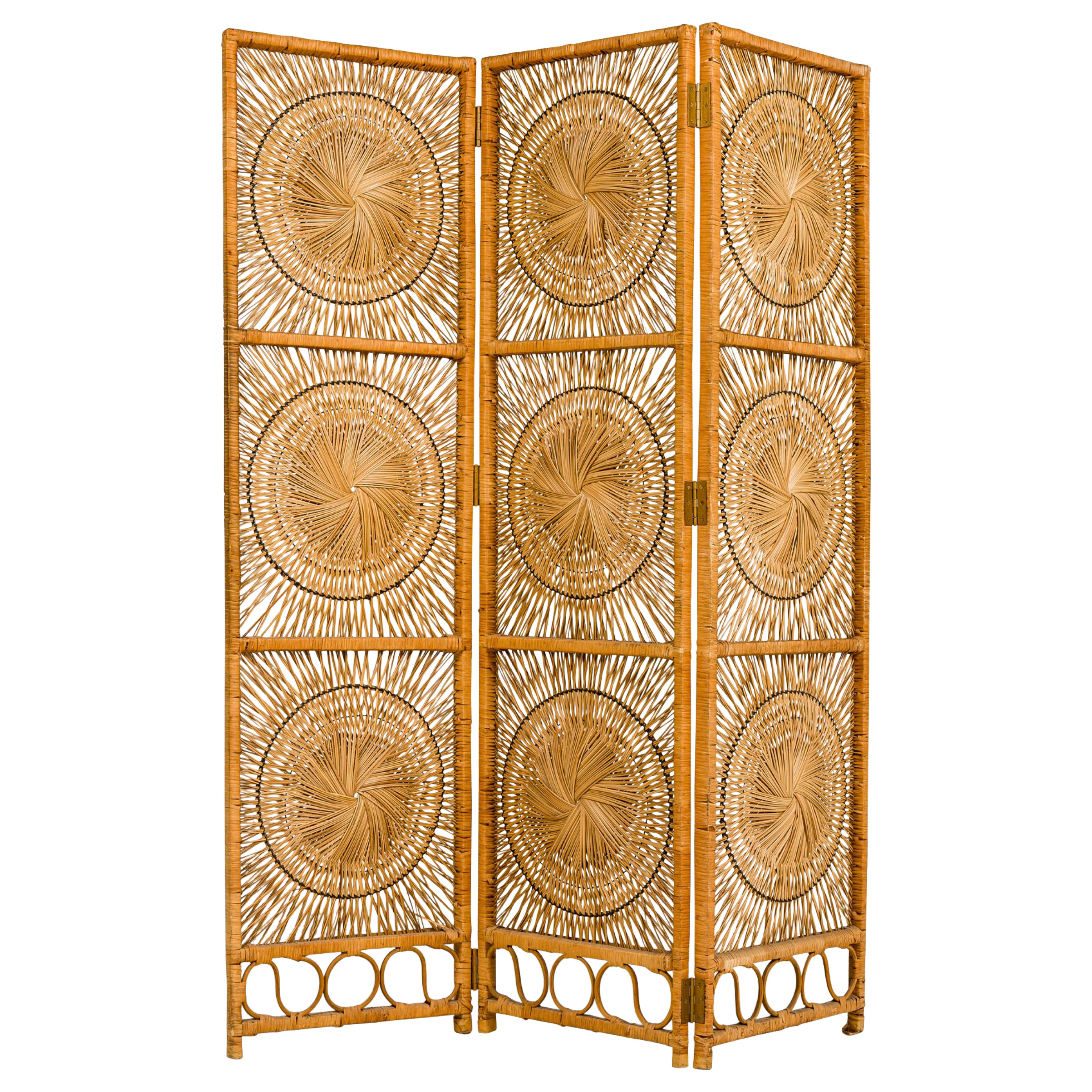 American Mid-Century Tri-Fold Rattan Raumteiler / Paravents im Angebot