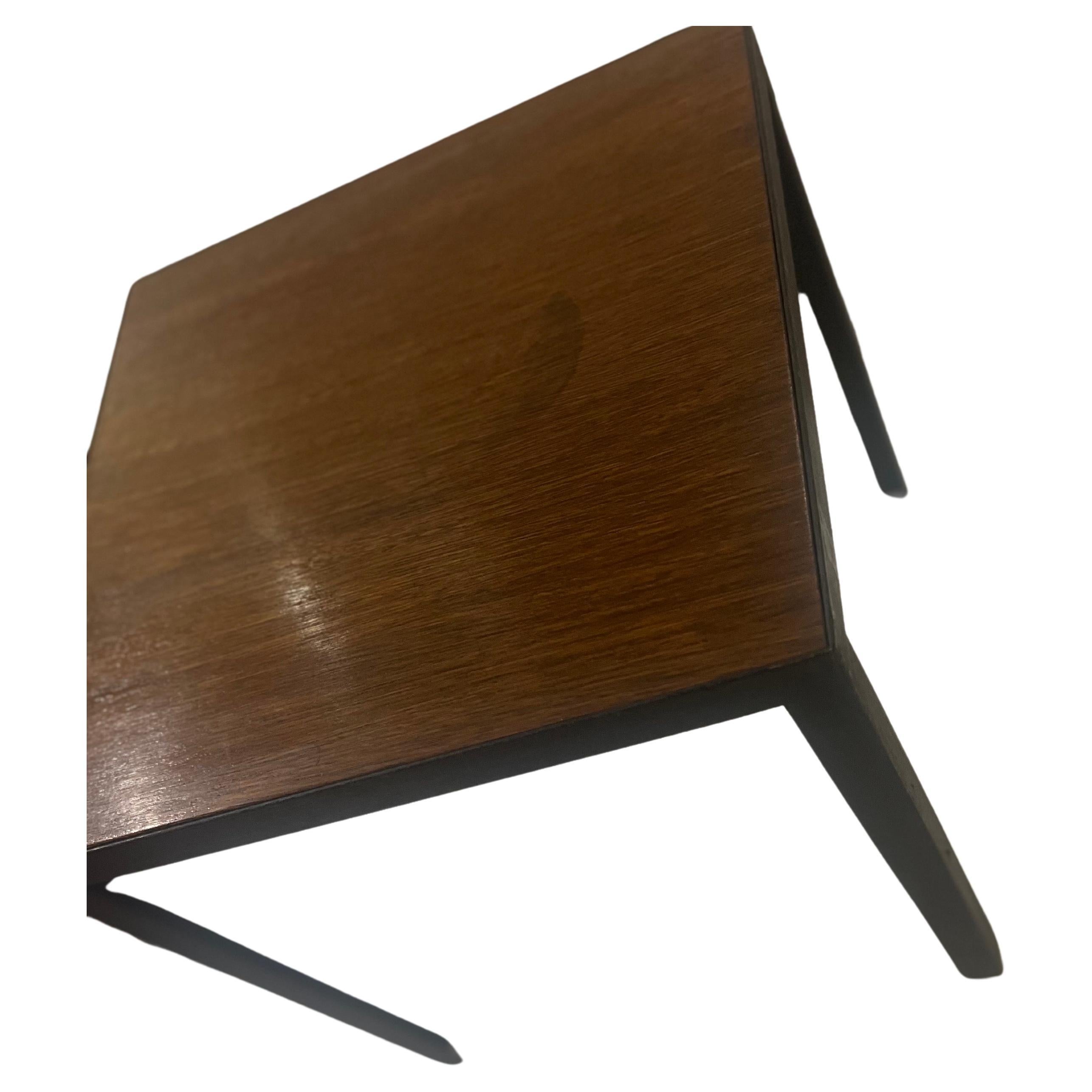 American mid century modern small cocktail end table , solid enameled black steel frame with a walnut top freshly refinished , circa 1970's, great for cocktail end table simple elegant mid century , danish modern
Introducing our American Mid Century