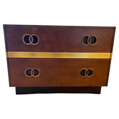 American Mid Century Walnut & Brass Double Drawer Low Cabinet by Heritage