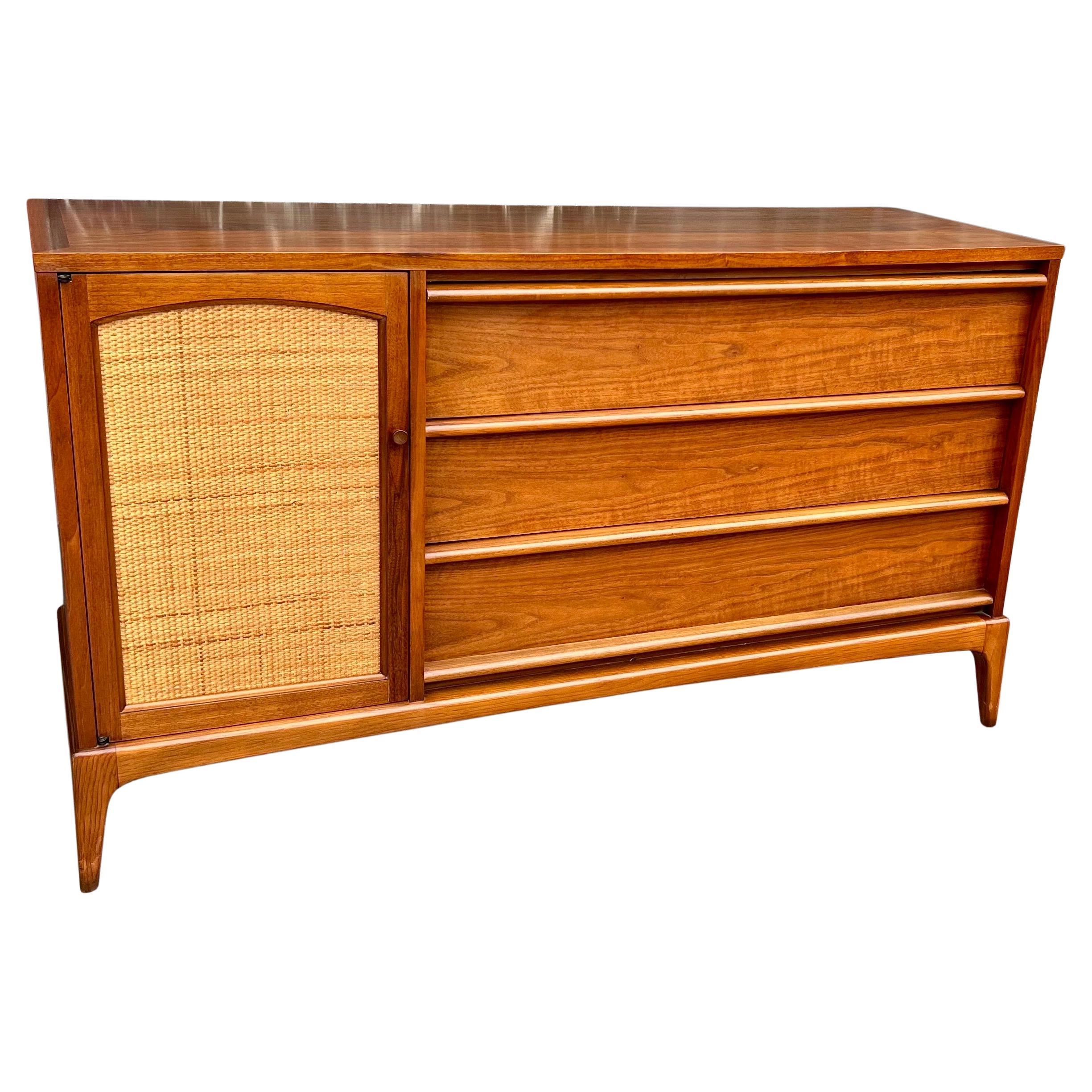 Mid-Century Modern American Mid century Walnut & Cane Credenza with Reversible Front Door For Sale