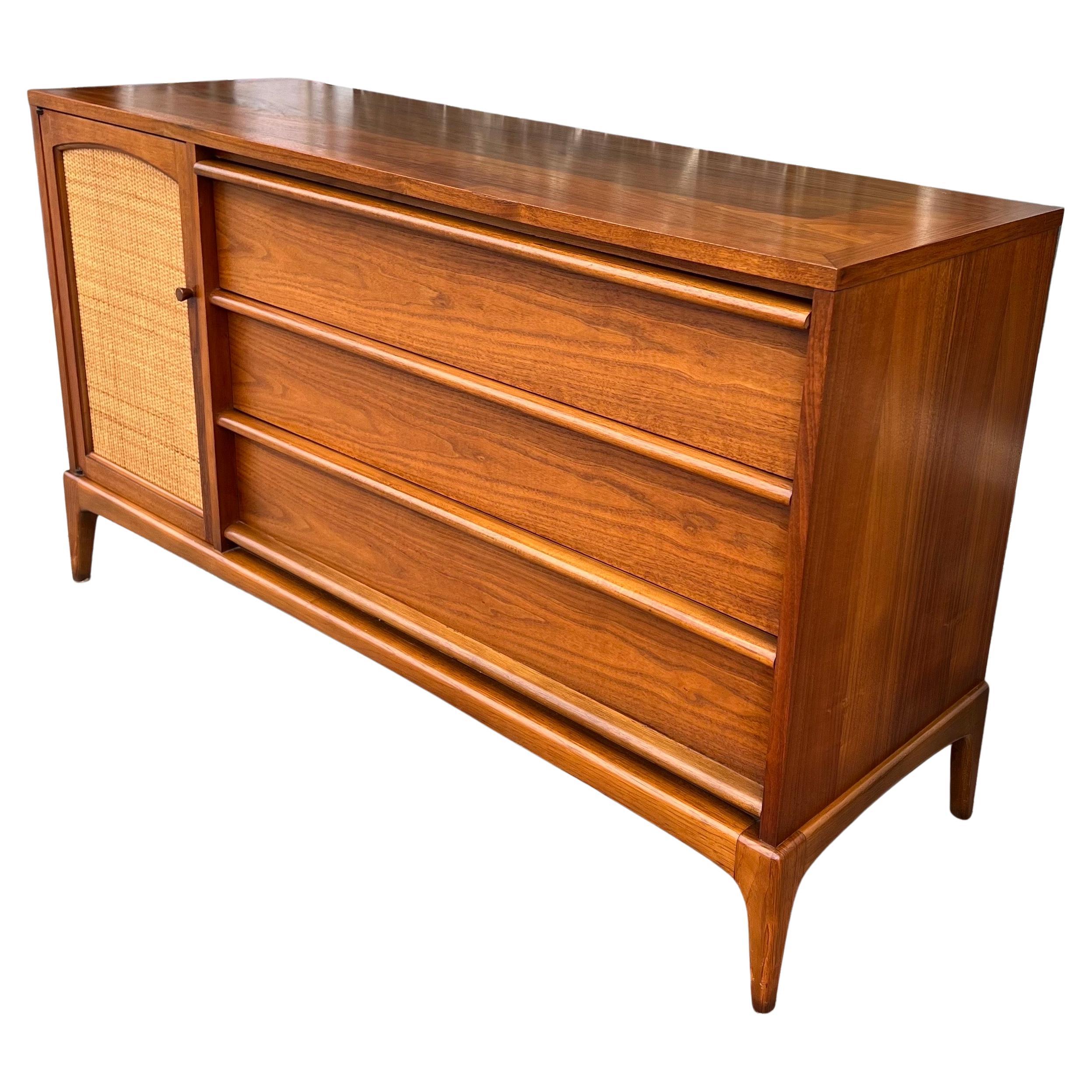 20th Century American Mid century Walnut & Cane Credenza with Reversible Front Door For Sale