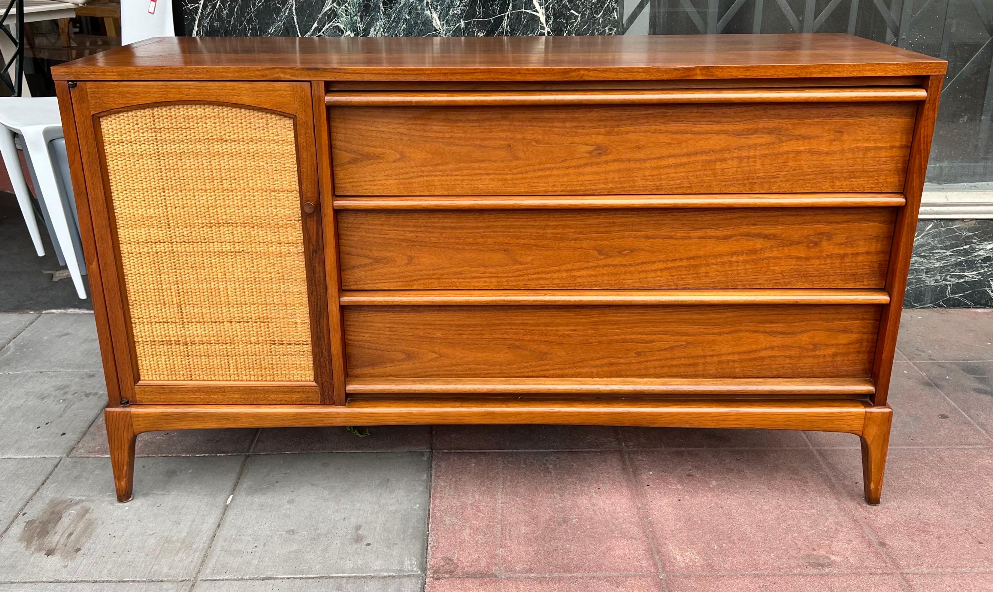 American Mid century Walnut & Cane Credenza with Reversible Front Door For Sale 2