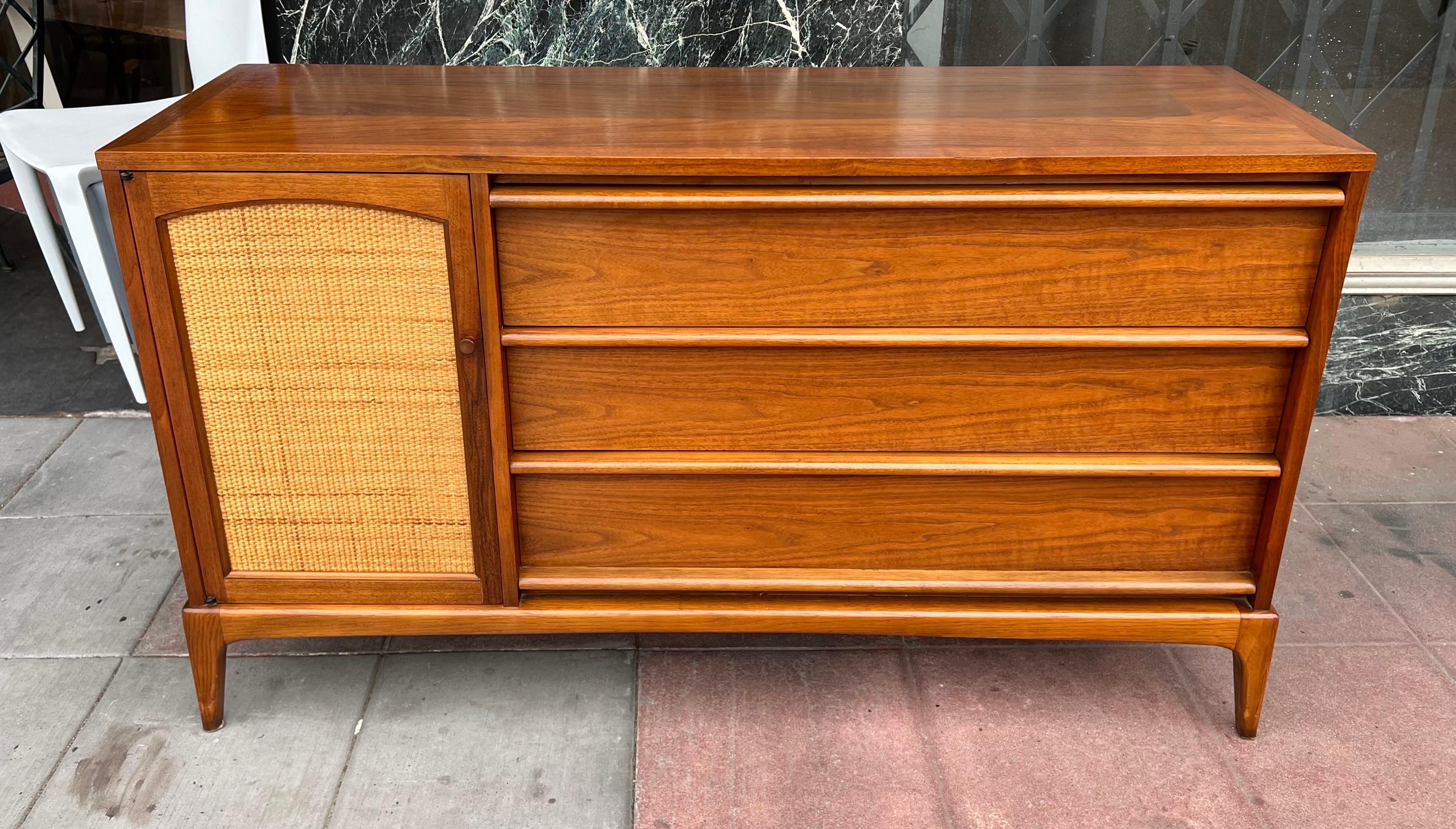 American Mid century Walnut & Cane Credenza with Reversible Front Door For Sale 3