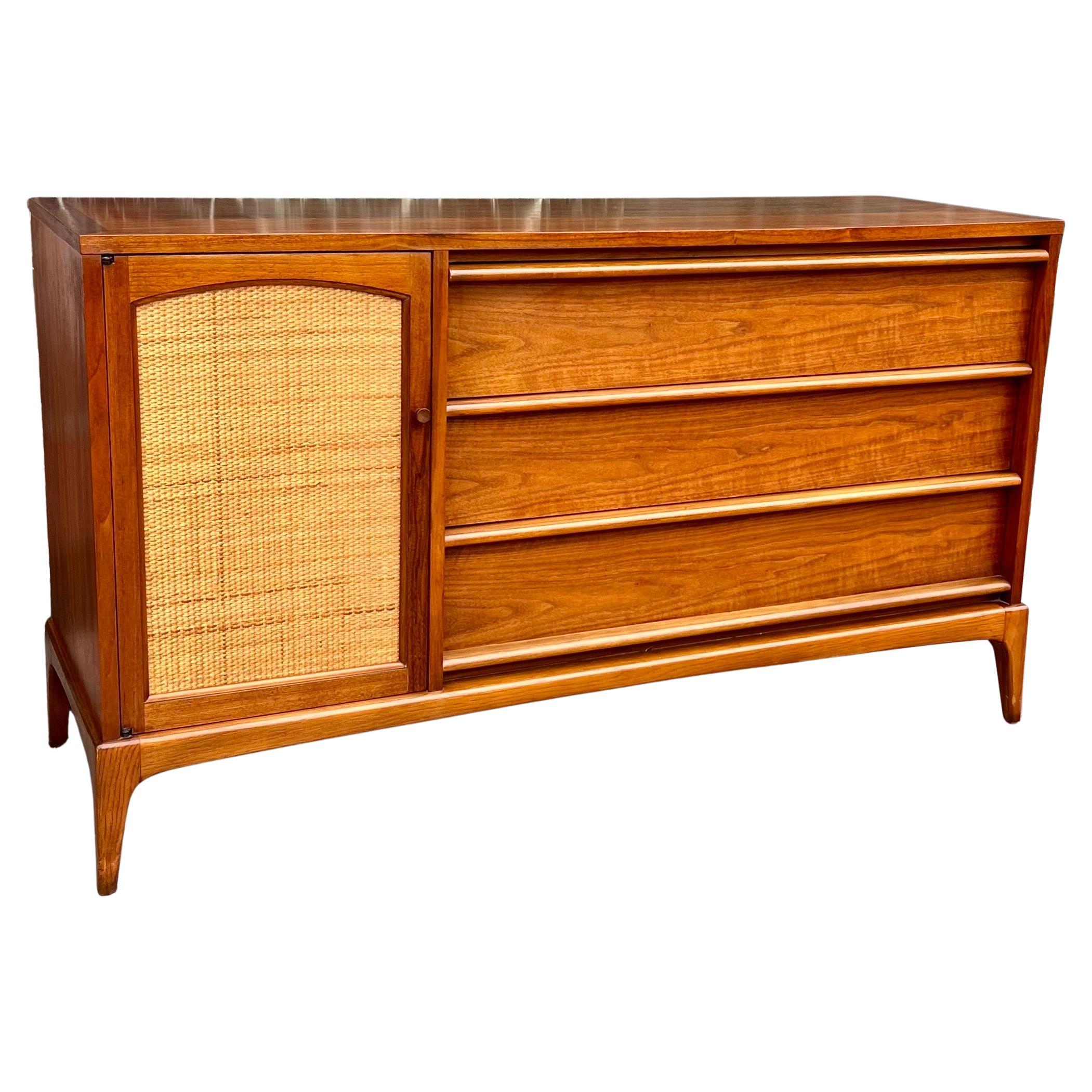 American Mid century Walnut & Cane Credenza with Reversible Front Door For Sale