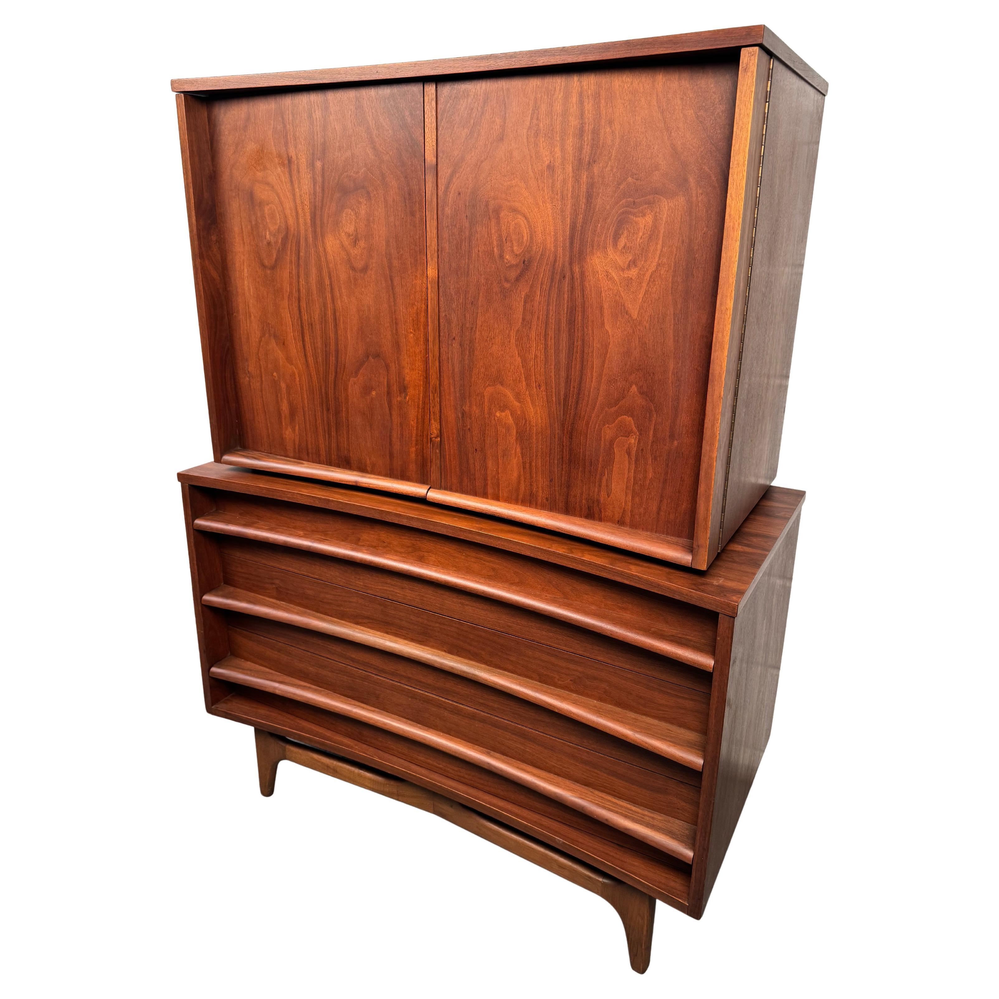 American Mid-Century Walnut Highboy by Young Manufacturing For Sale