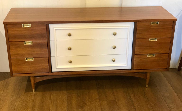 American Midcentury Walnut And White Lacquer Dresser With Brass