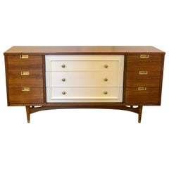 American Midcentury Walnut and White Lacquer Dresser with Brass Hardware