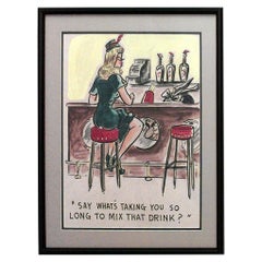 American Mid-Century Watercolor Caricature, Hand-Crafted, 20th Century