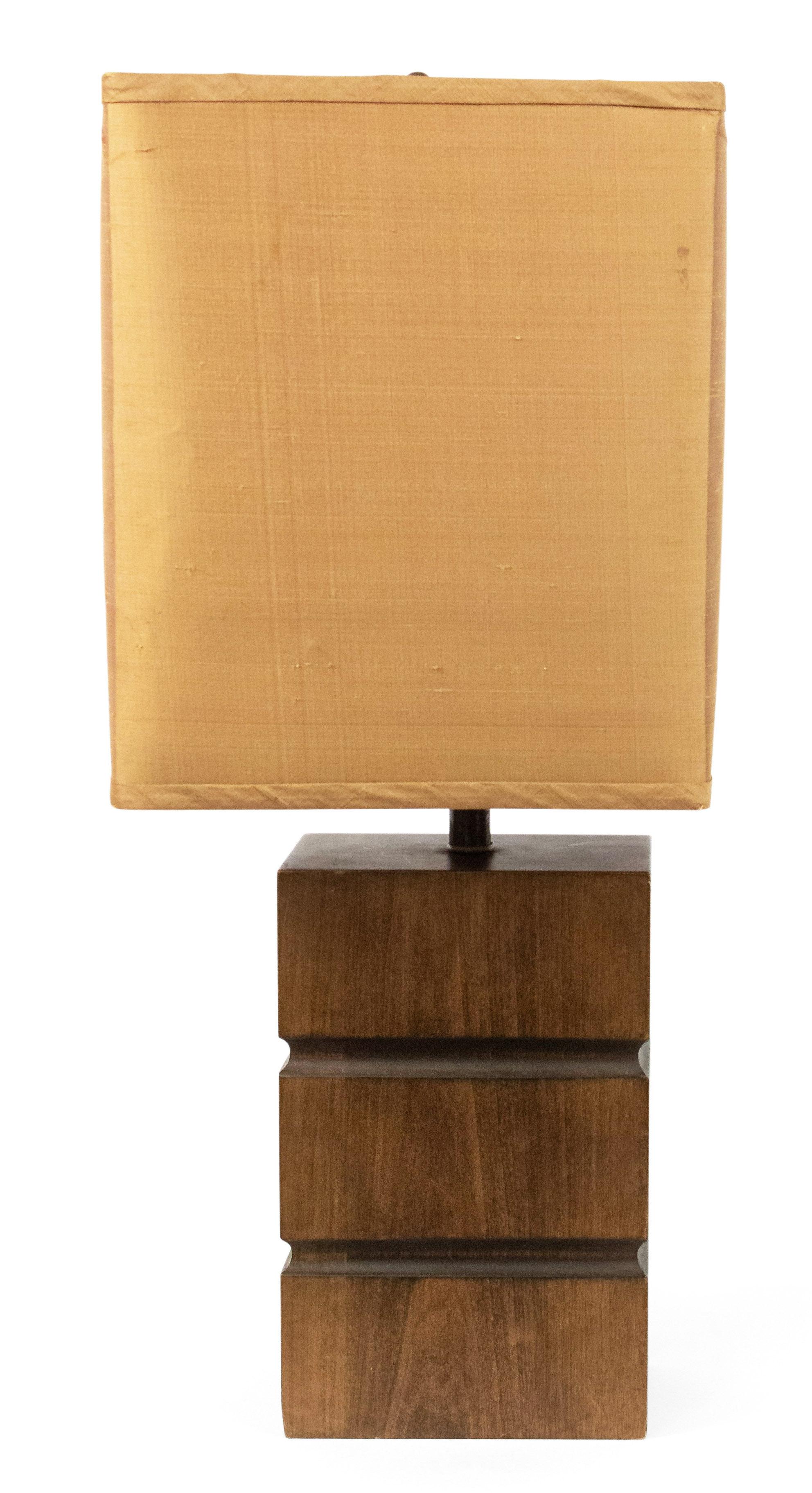 Fabric American Mid-Century Wood Block Table Lamp For Sale