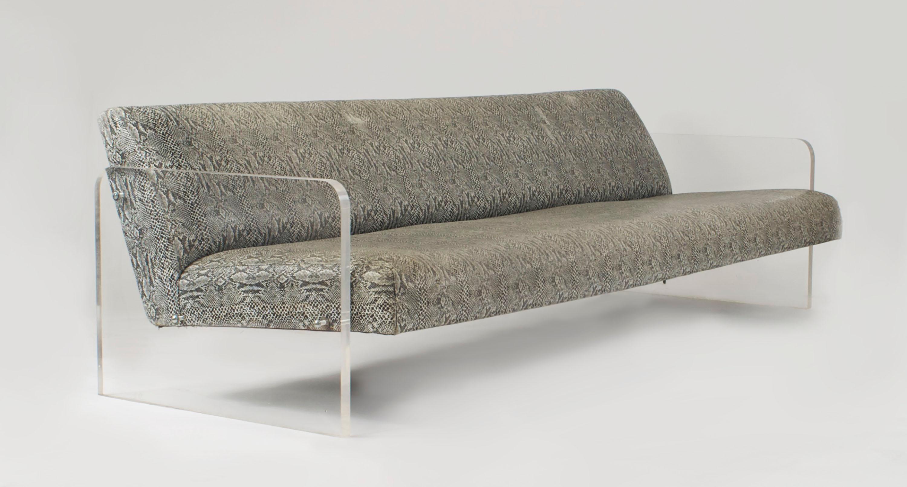 American Mid-Century (1970s) large settee with Lucite side arms and upholstered in faux python (att: VLADIMIR KAGAN)
